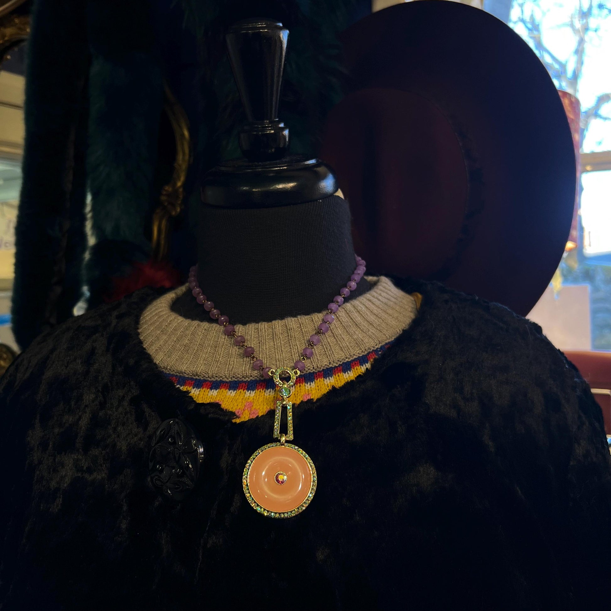 Vintage Butler and Wilson Art Deco Style Crystal Geometric Beaded Necklace, large donut crystal and borealis rhinestones