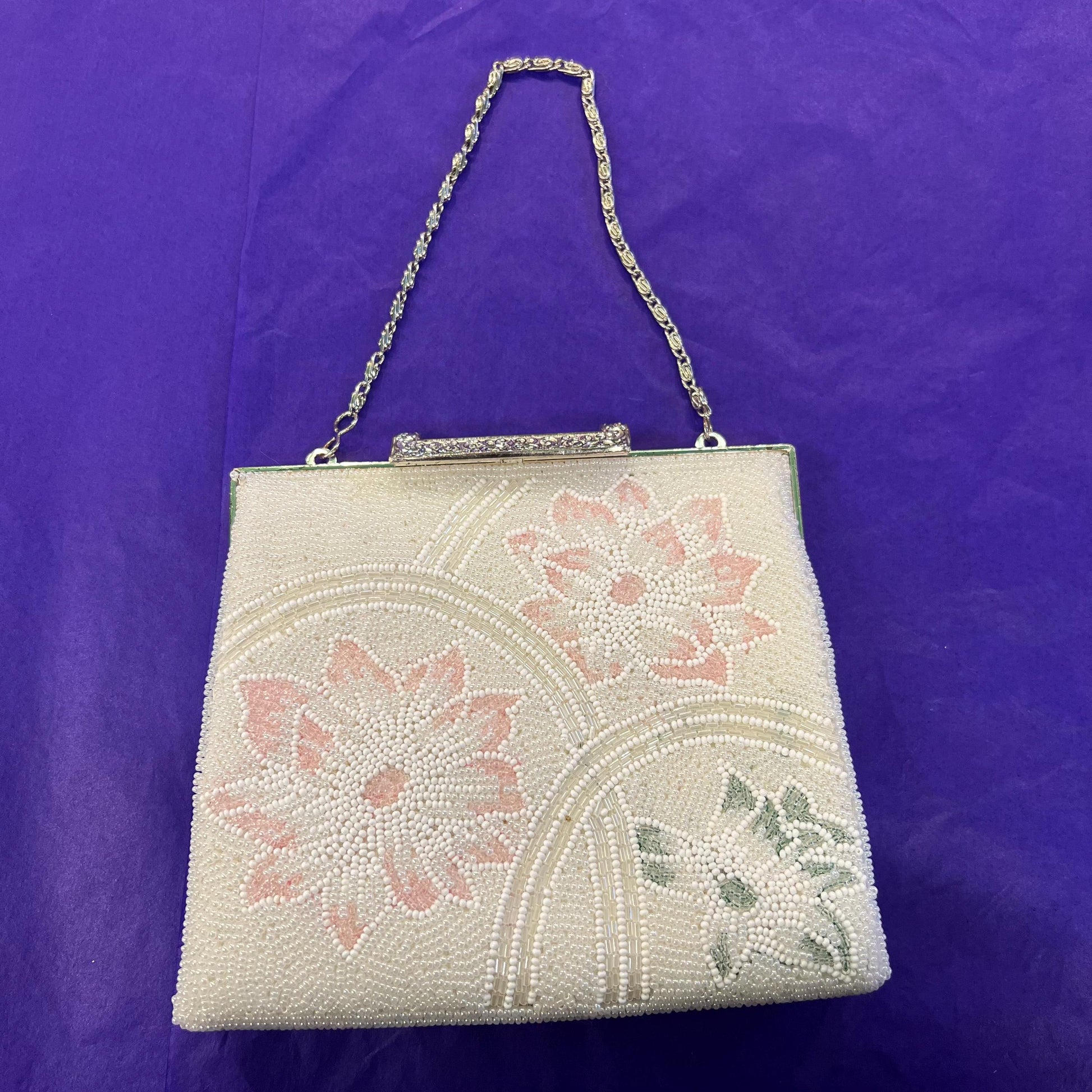 Vintage 1950s/60s Ivory Beaded Floral Evening Bag, lustre seed beads in ivory, pink & green, clutch or handbag