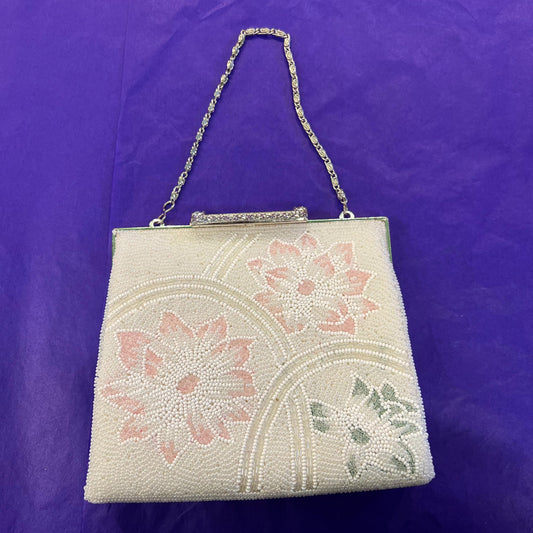 Vintage 1950s/60s Ivory Beaded Floral Evening Bag, lustre seed beads in ivory, pink & green, clutch or handbag