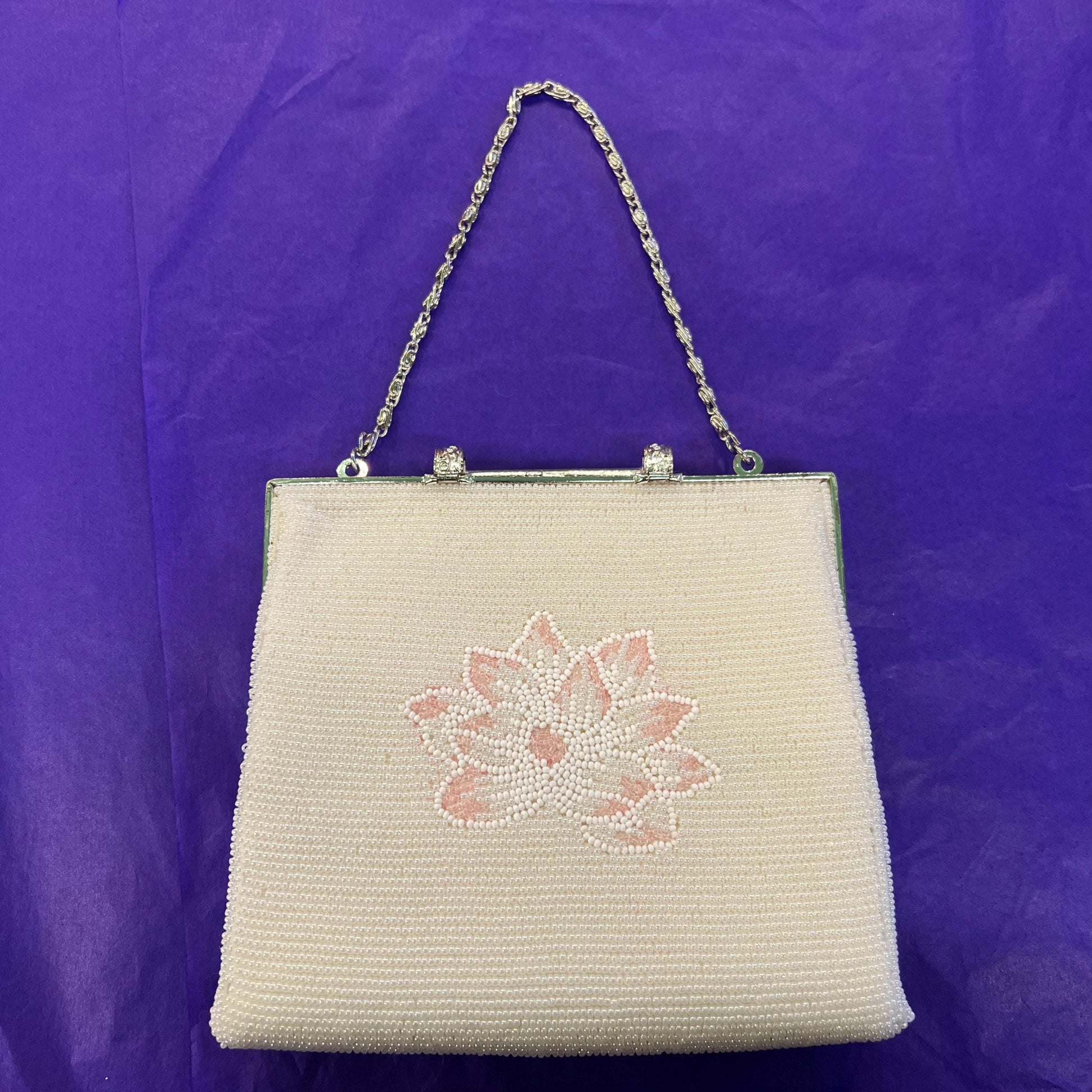 Vintage 1950s/60s Ivory Beaded Floral Evening Bag, lustre seed beads in ivory, pink & green, clutch or handbag