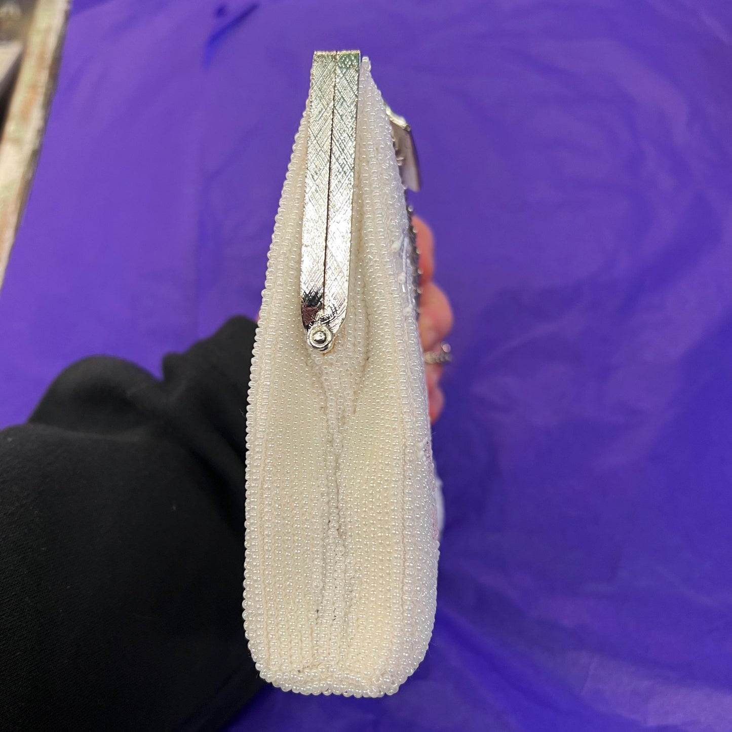 Vintage 1950s/60s Ivory Beaded Floral Evening Bag, lustre seed beads in ivory, pink & green, clutch or handbag