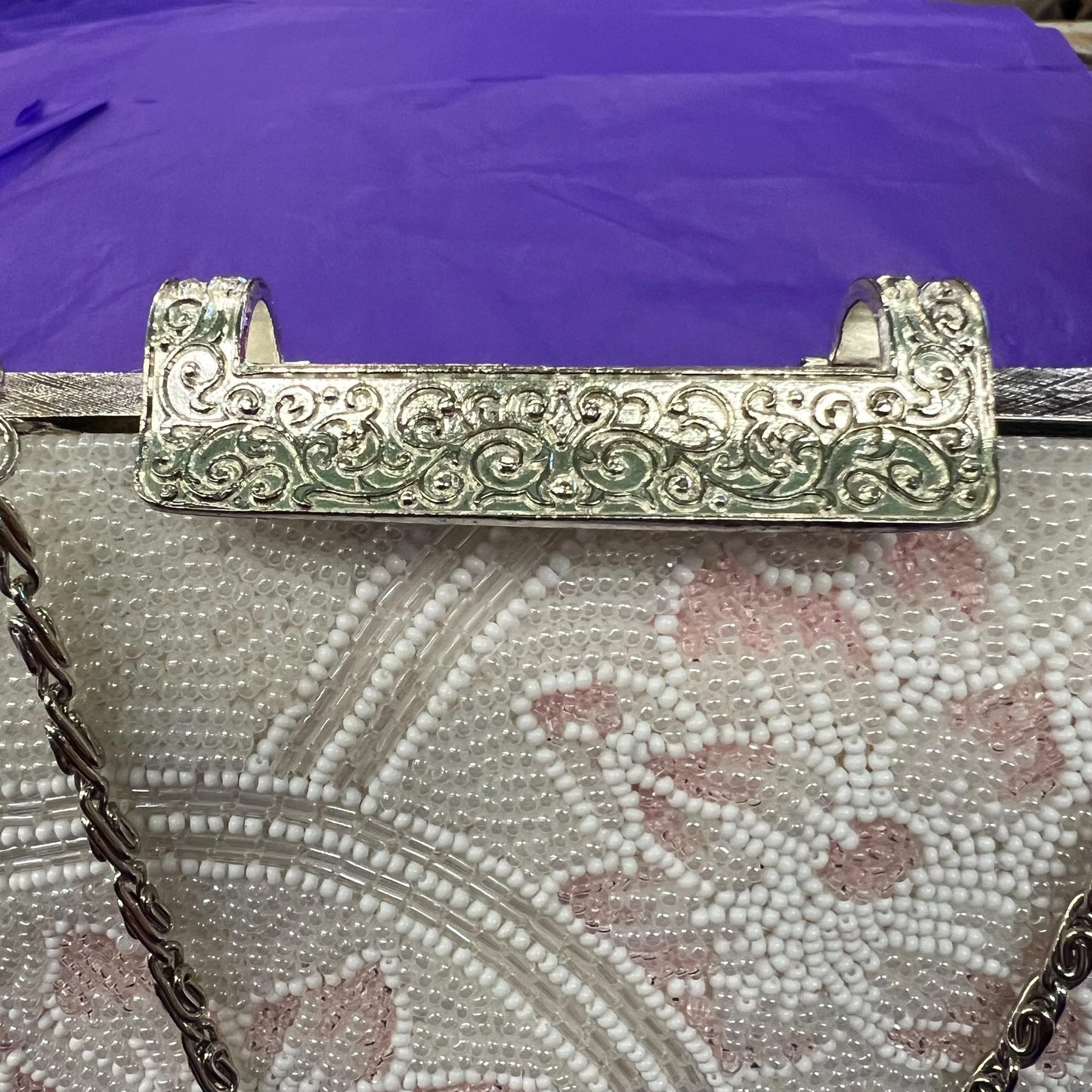 Vintage 1950s/60s Ivory Beaded Floral Evening Bag, lustre seed beads in ivory, pink & green, clutch or handbag