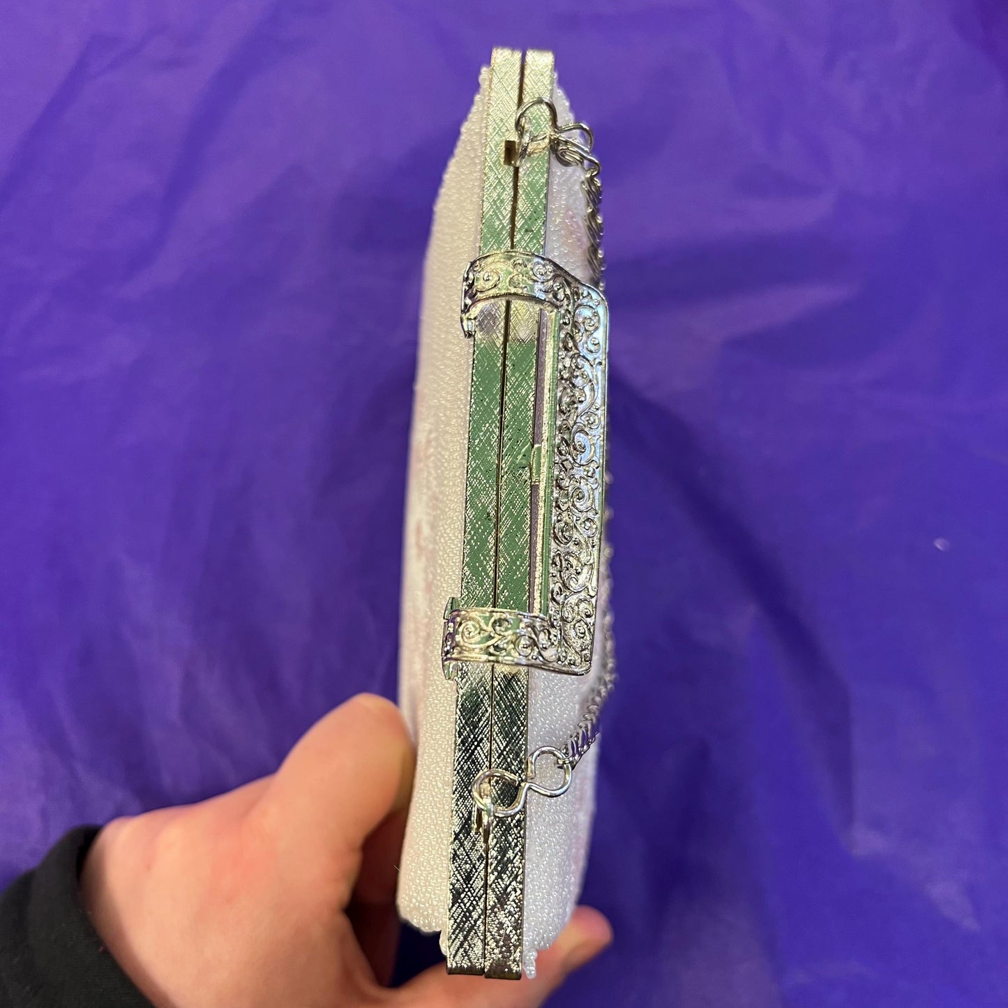 Vintage 1950s/60s Ivory Beaded Floral Evening Bag, lustre seed beads in ivory, pink & green, clutch or handbag