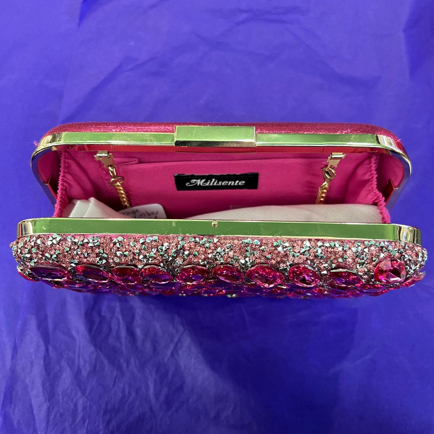 Vintage Pink and Silver Bejewelled Lurex Box Clutch Hand or Shoulder Bag by MILISENTE