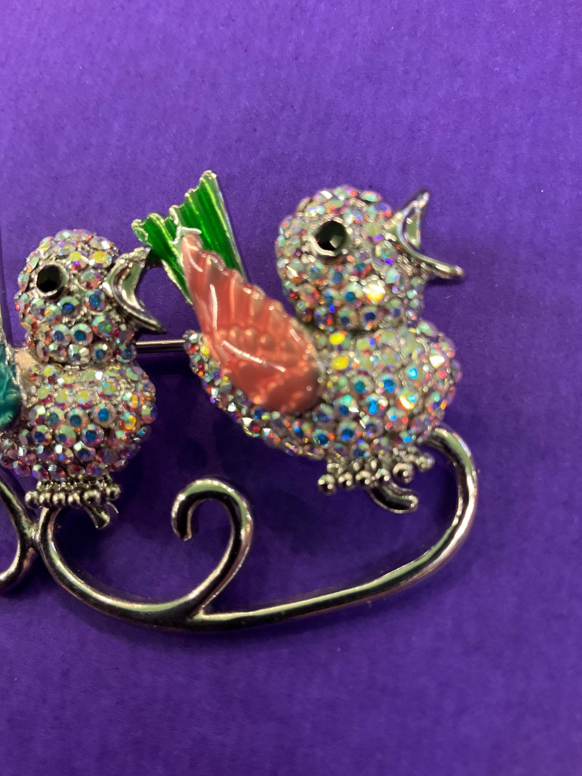 Vintage Butler and Wilson Large Crystal and Enamel Lovebirds Brooch, Silver Tone with Lilac Borealis Rhinestones
