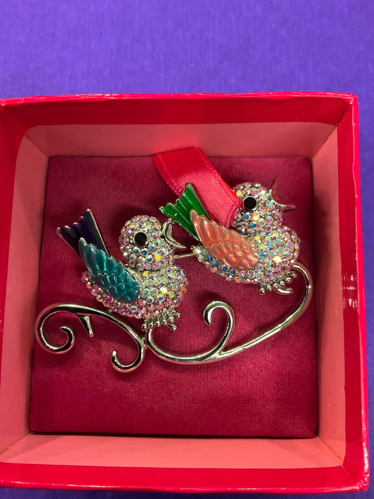 Vintage Butler and Wilson Large Crystal and Enamel Lovebirds Brooch, Silver Tone with Lilac Borealis Rhinestones