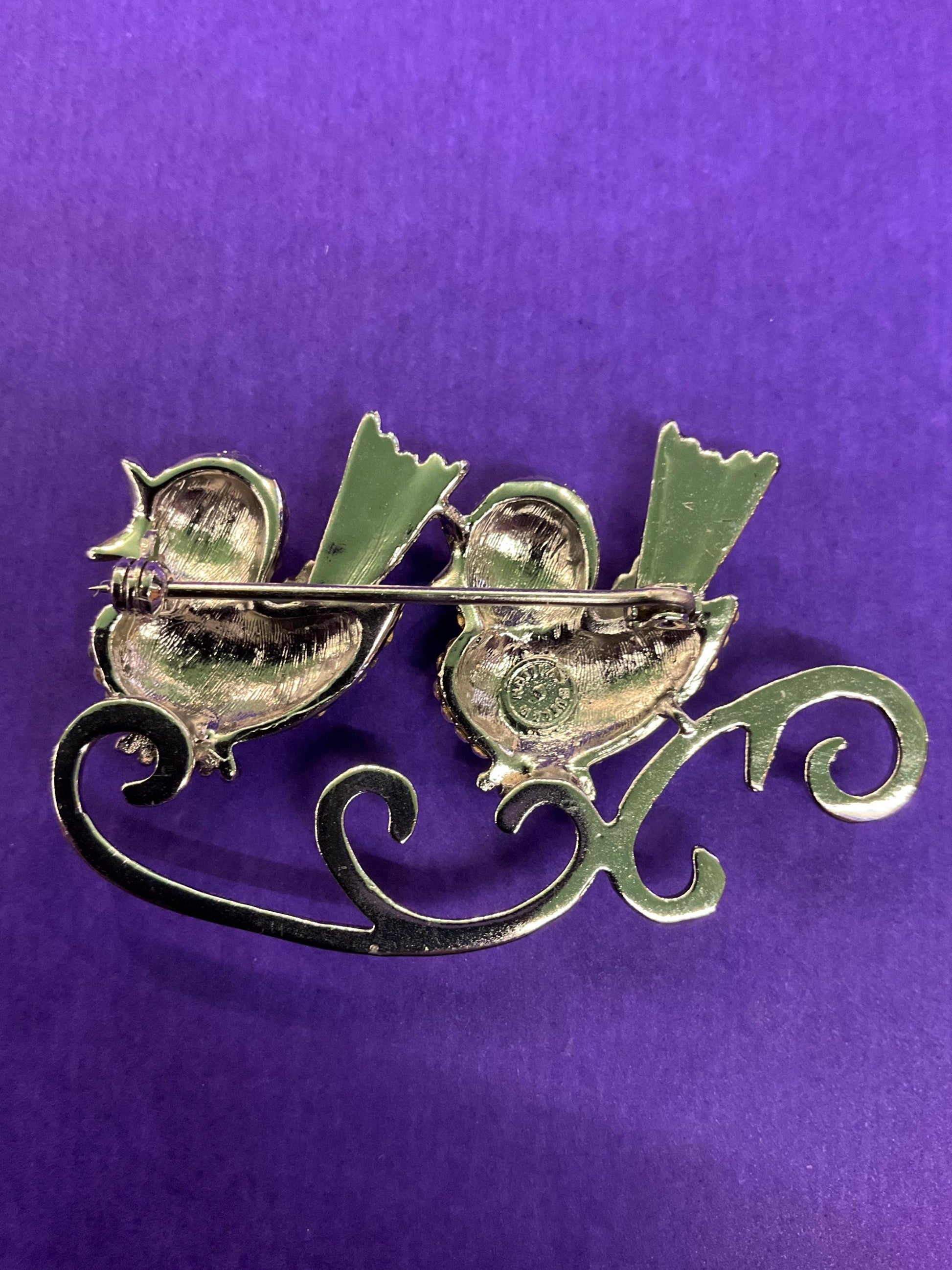 Vintage Butler and Wilson Large Crystal and Enamel Lovebirds Brooch, Silver Tone with Lilac Borealis Rhinestones
