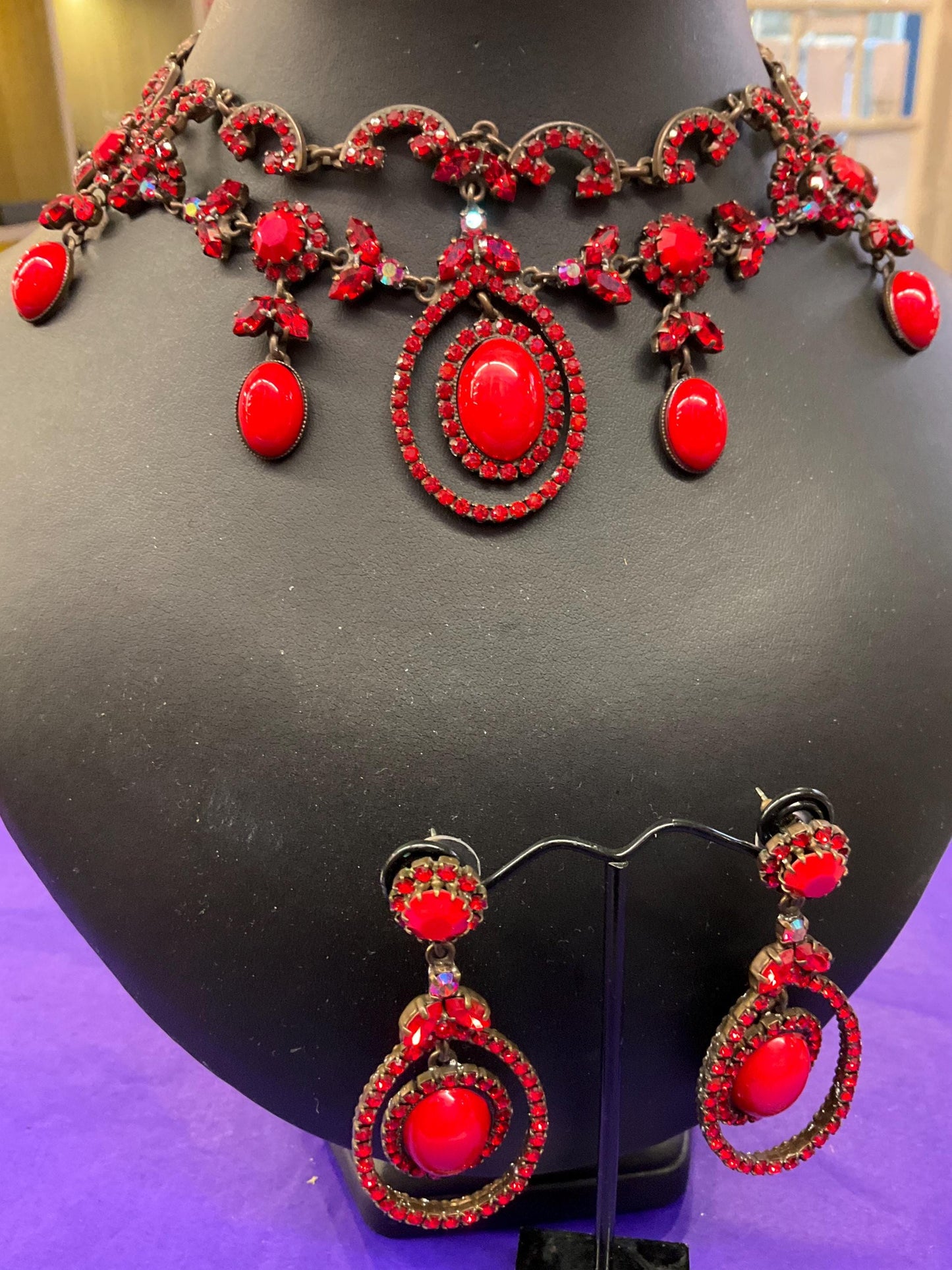 Vintage Butler and Wilson Red Crystal Victorian Style Choker and Long Drop Earring Set