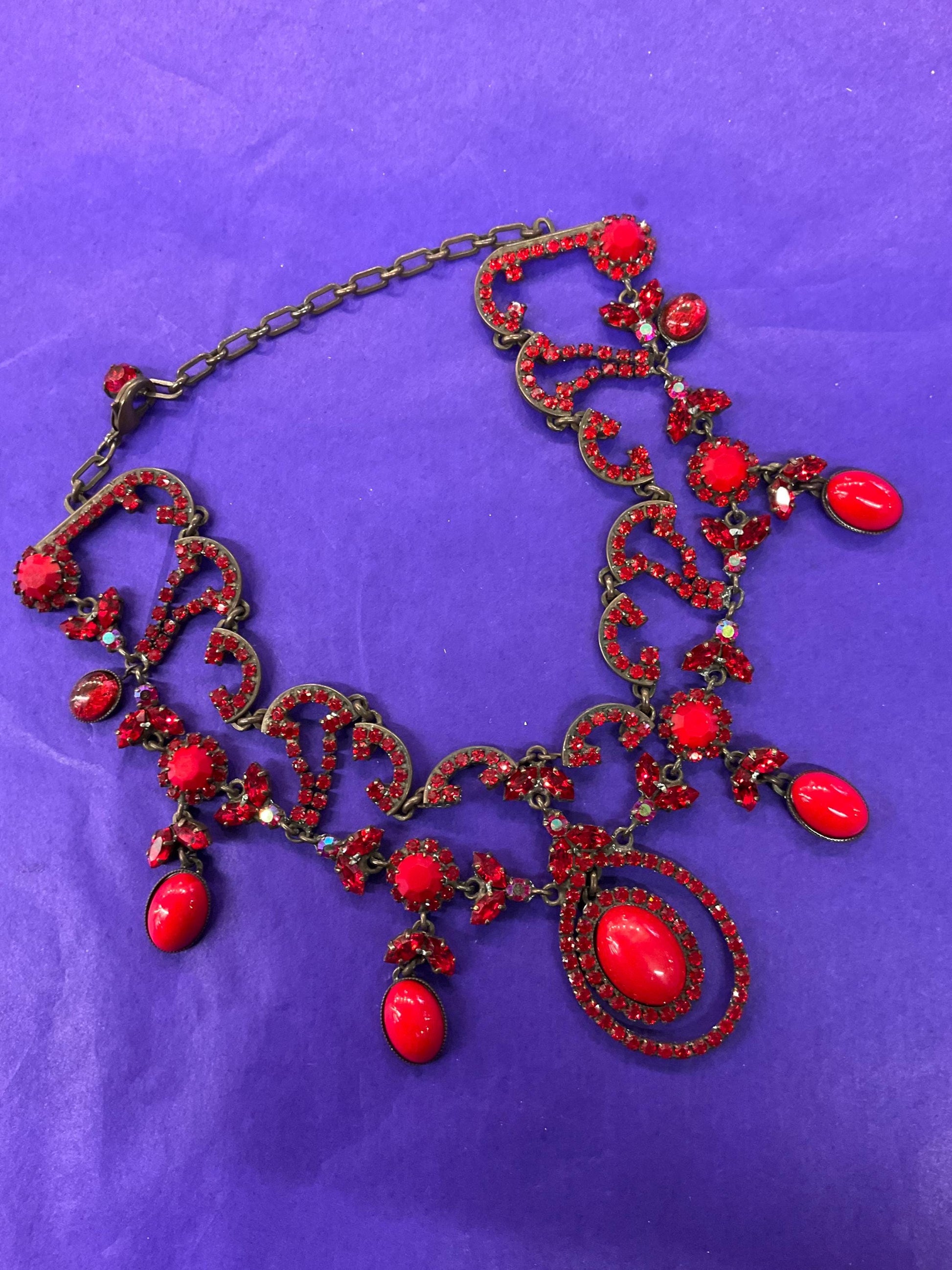Vintage Butler and Wilson Red Crystal Victorian Style Choker and Long Drop Earring Set