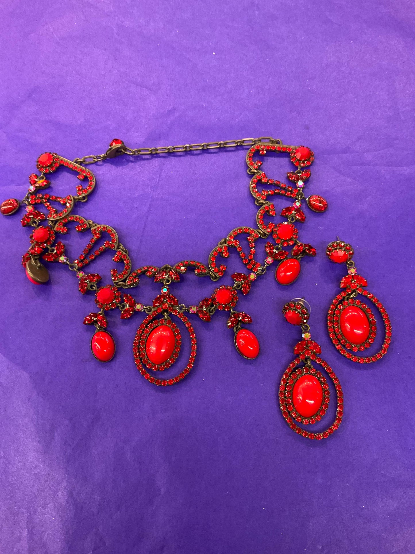 Vintage Butler and Wilson Red Crystal Victorian Style Choker and Long Drop Earring Set