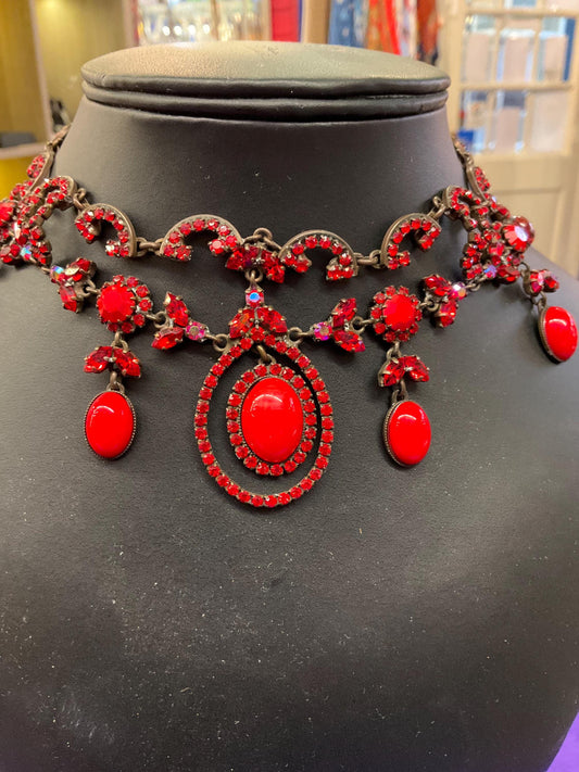 Vintage Butler and Wilson Red Crystal Victorian Style Choker and Long Drop Earring Set