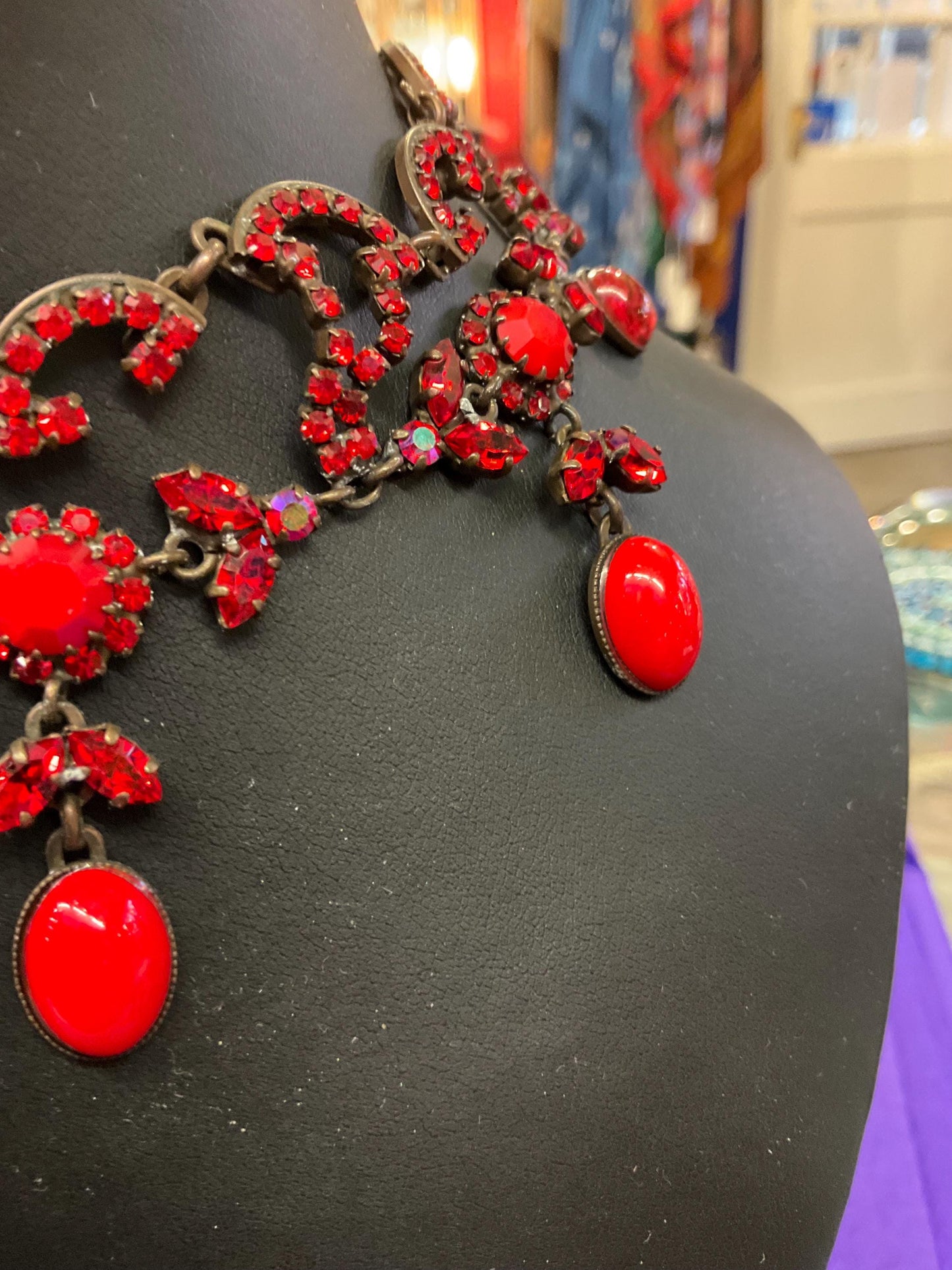 Vintage Butler and Wilson Red Crystal Victorian Style Choker and Long Drop Earring Set