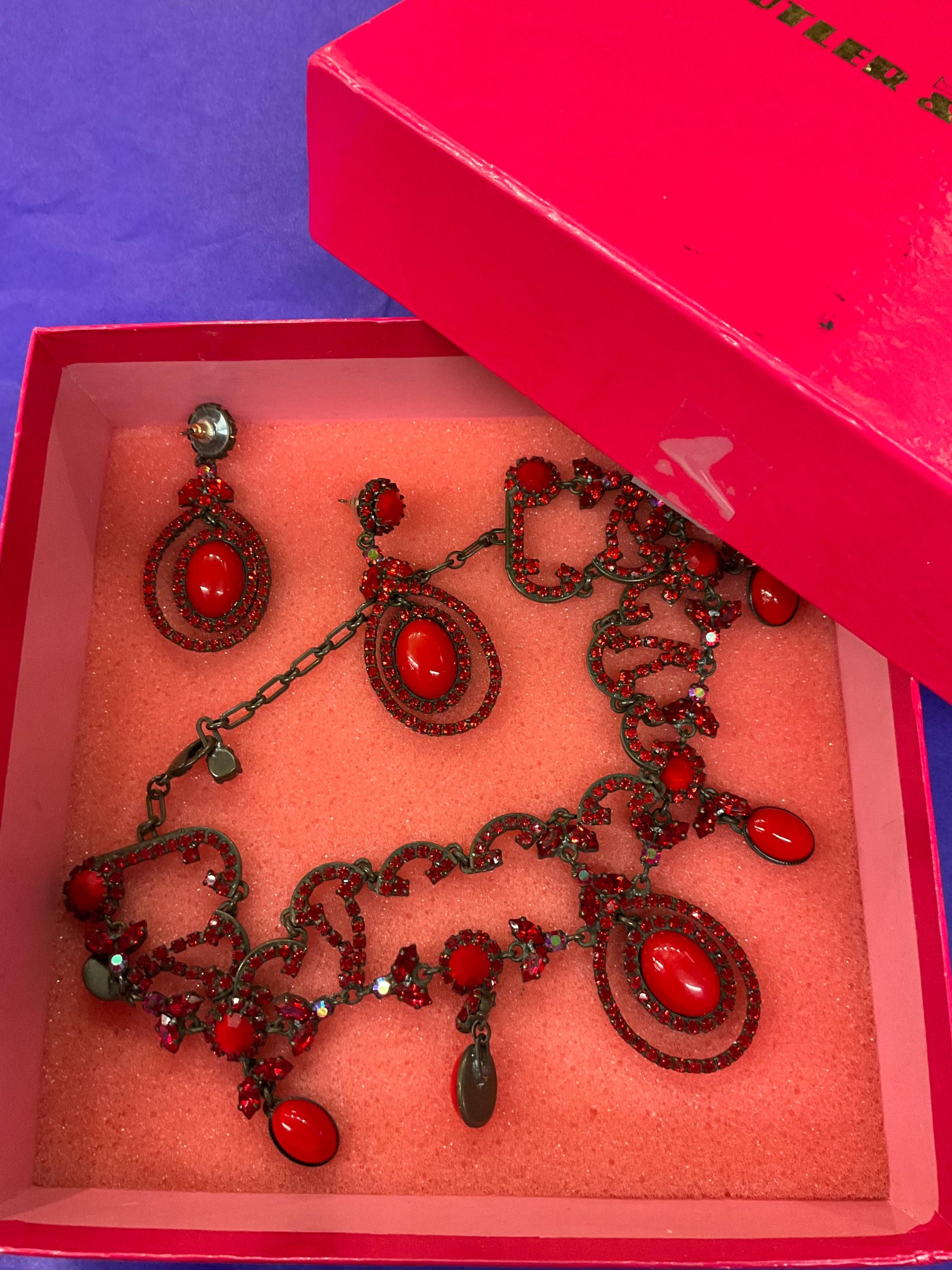 Vintage Butler and Wilson Red Crystal Victorian Style Choker and Long Drop Earring Set