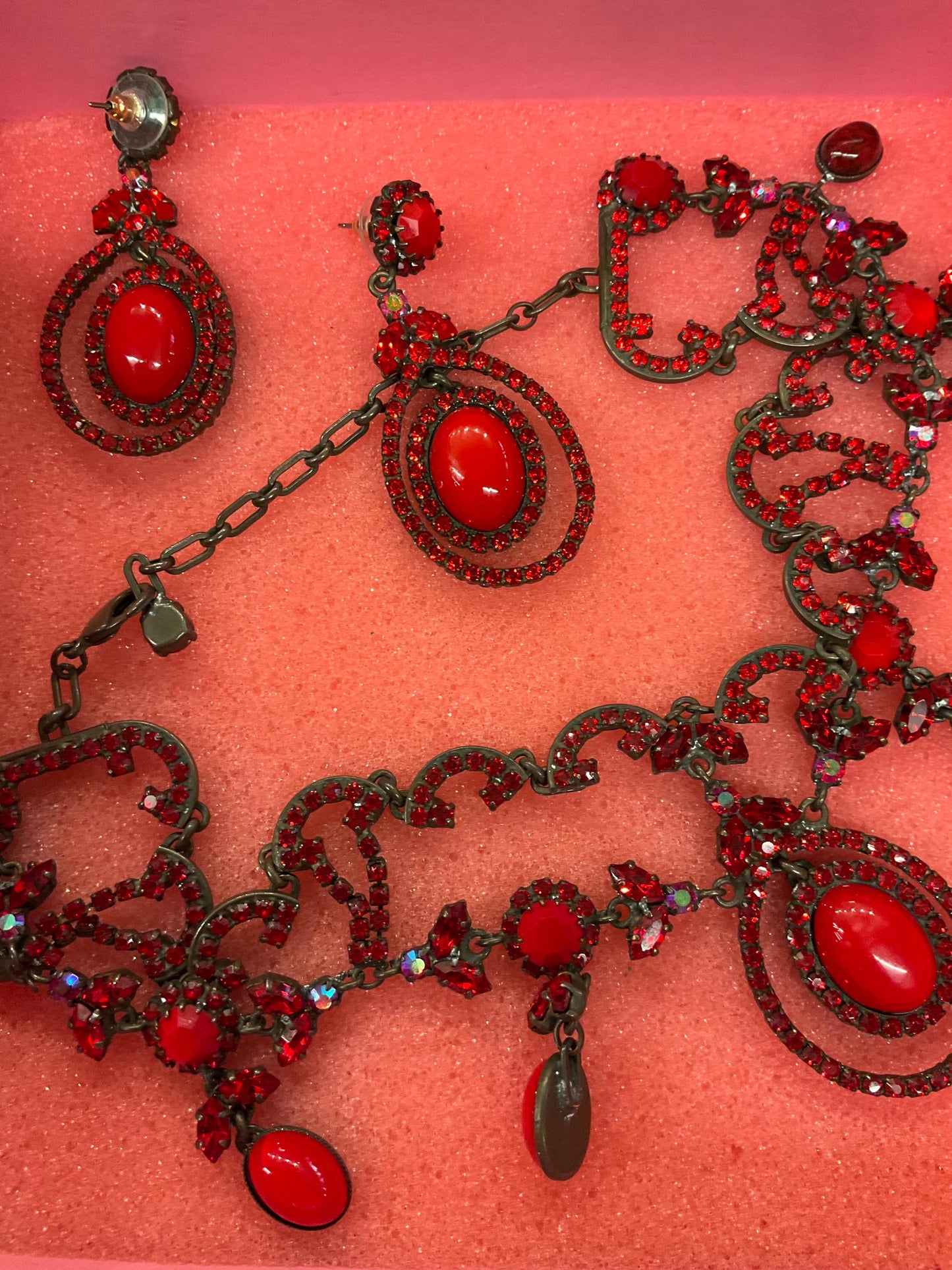 Vintage Butler and Wilson Red Crystal Victorian Style Choker and Long Drop Earring Set