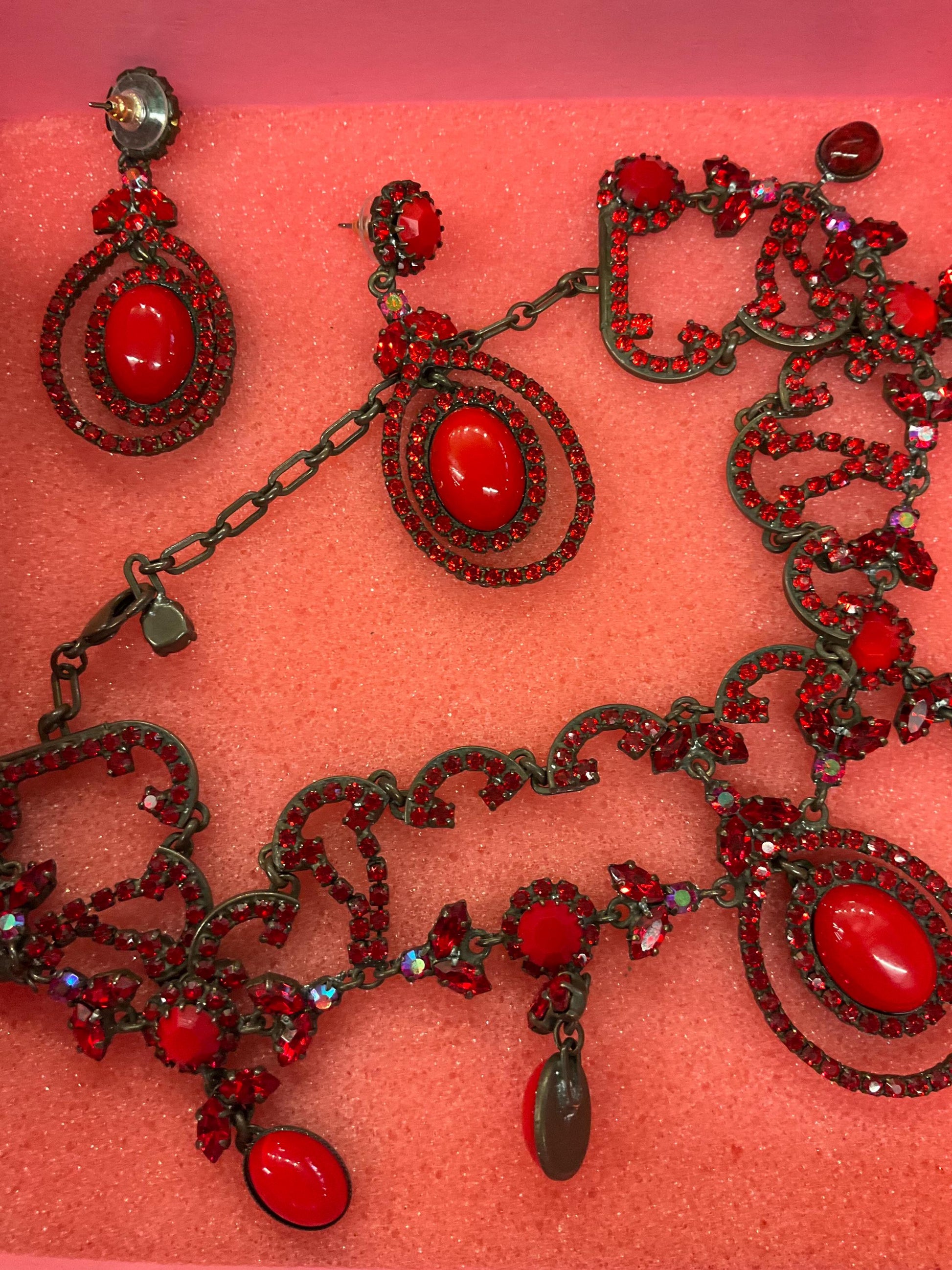 Vintage Butler and Wilson Red Crystal Victorian Style Choker and Long Drop Earring Set