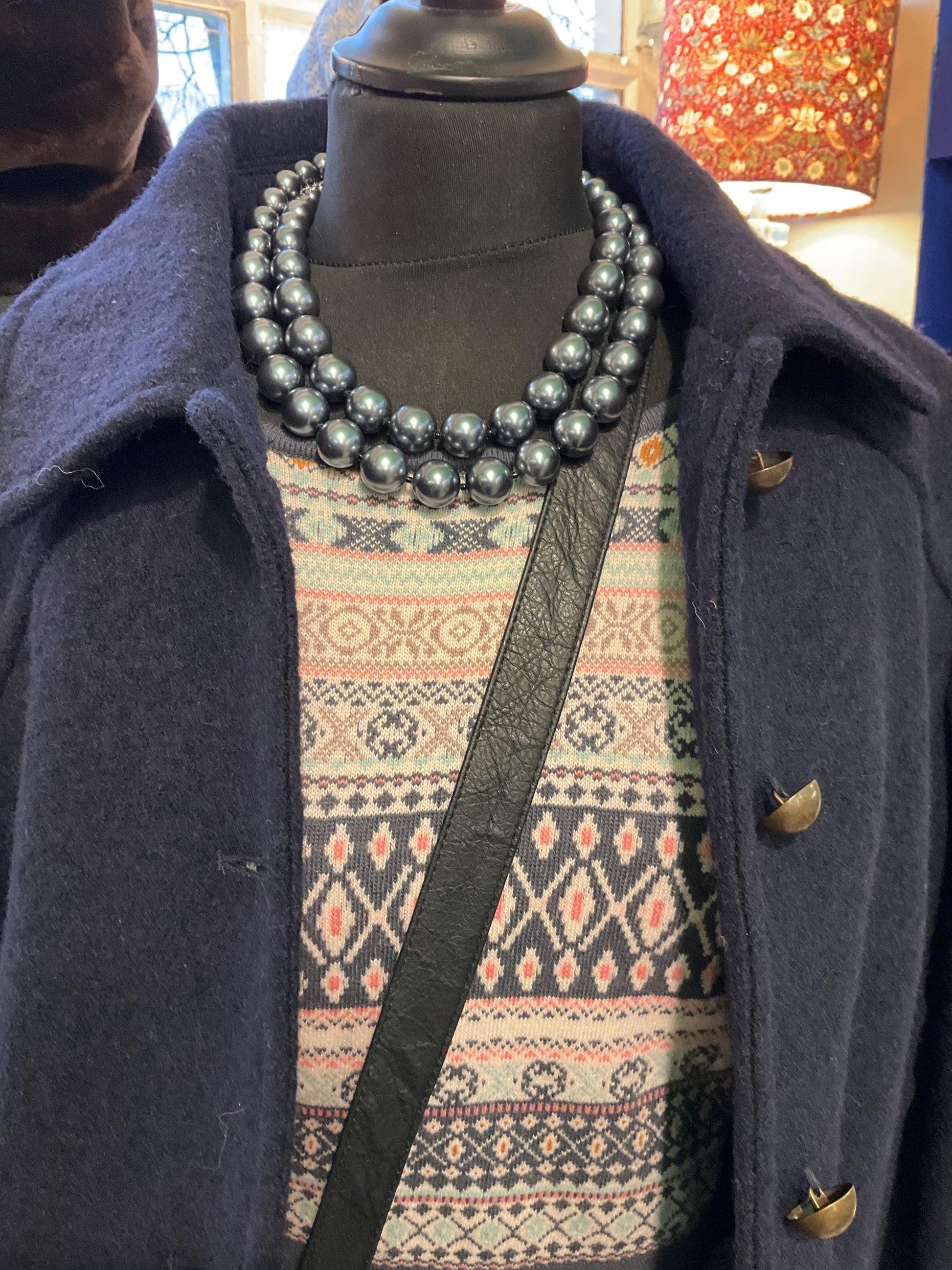 Vintage Butler and Wilson Pewter Statement Faux Pearl Necklace , Twin rows of chunky beads
