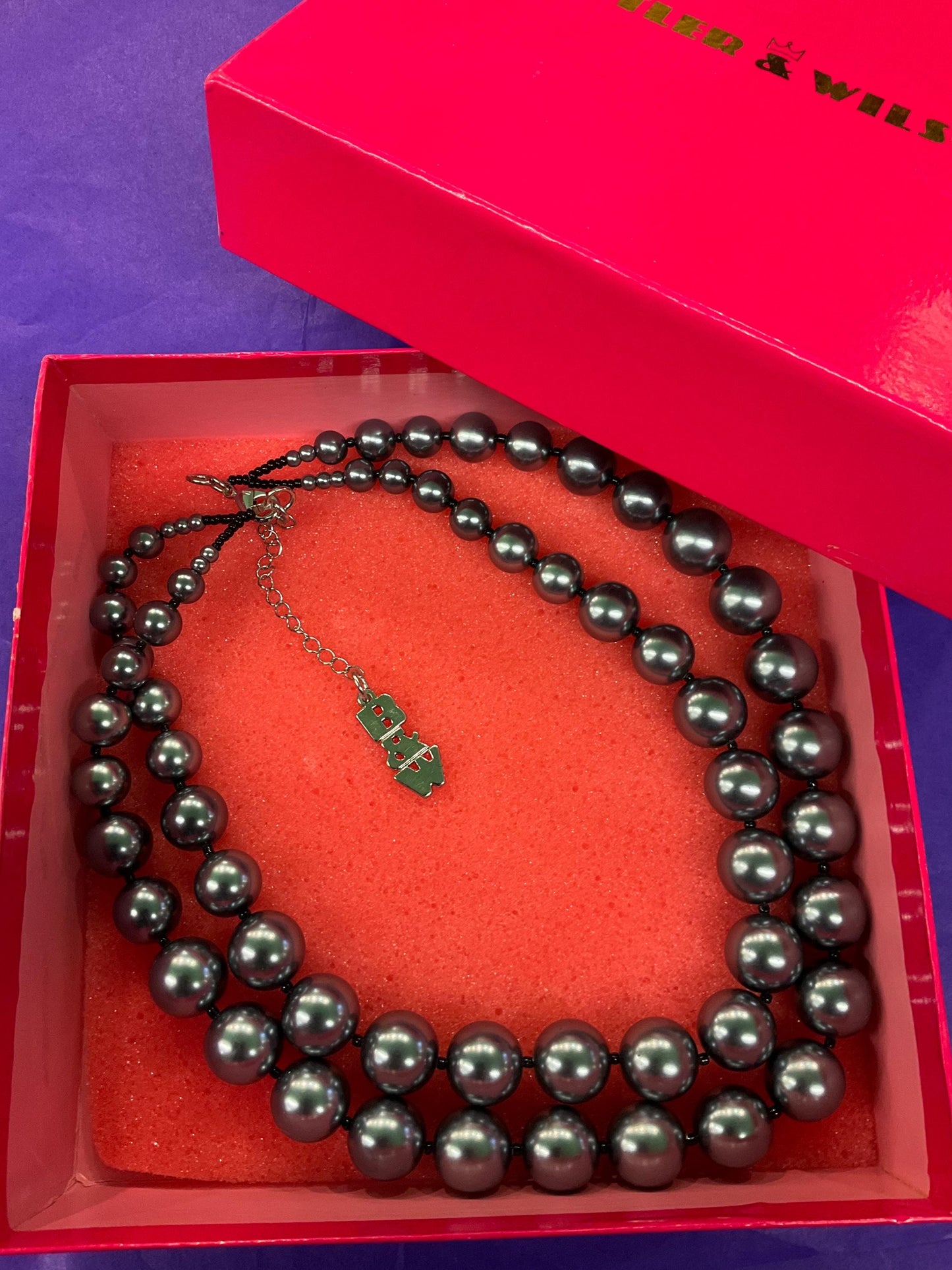 Vintage Butler and Wilson Pewter Statement Faux Pearl Necklace , Twin rows of chunky beads