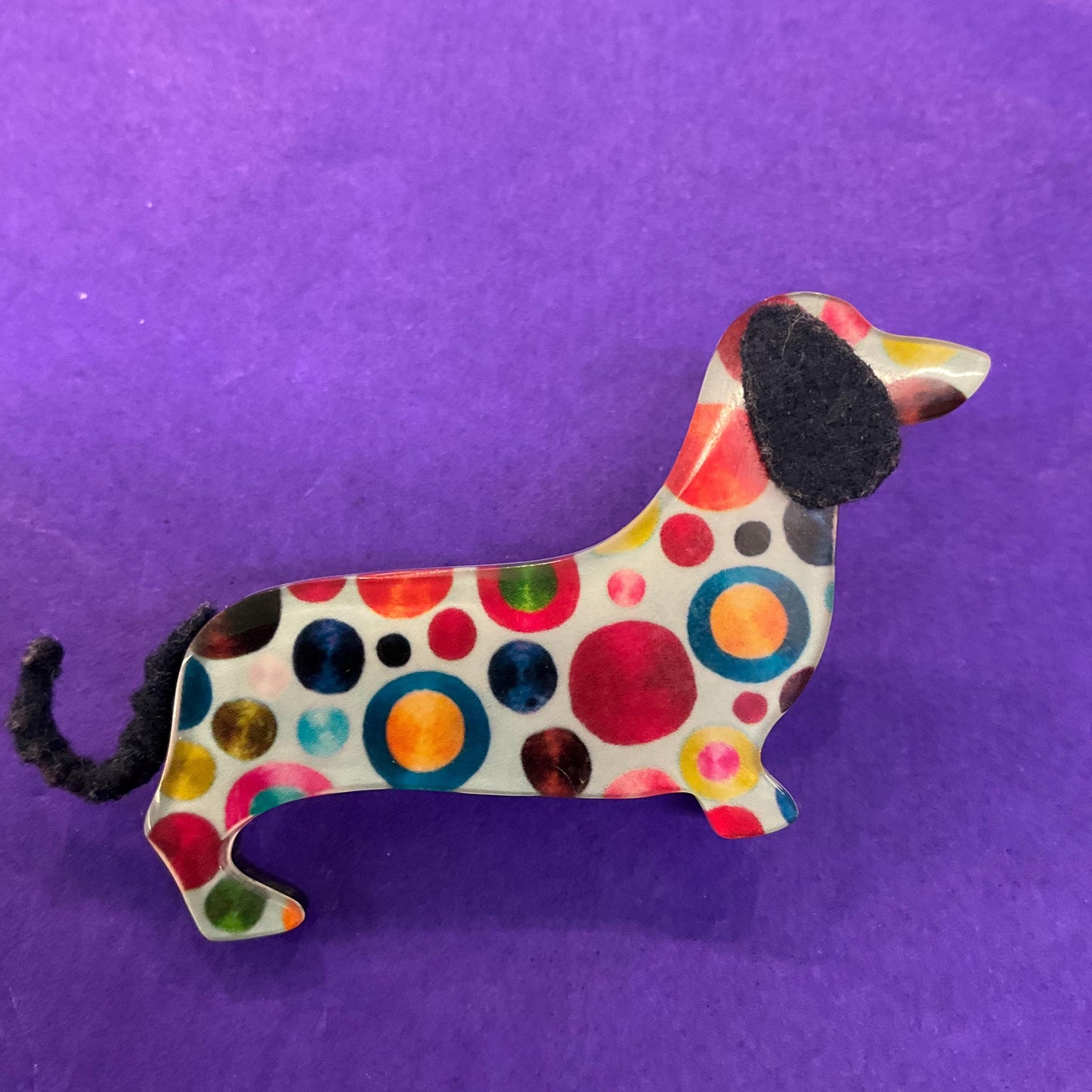 Vintage Art Deco Style Statement Dotty Dashund Brooch, multicoloured ditsy celluloid - Sustainable Fashion Gift