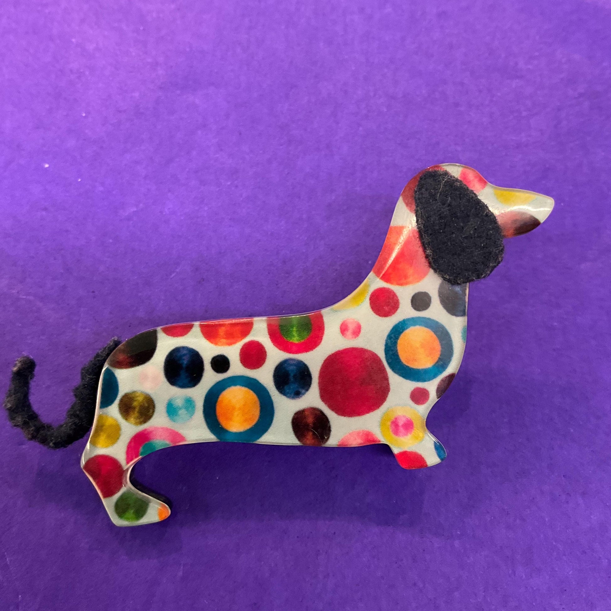 Vintage Art Deco Style Statement Dotty Dashund Brooch, multicoloured ditsy celluloid - Sustainable Fashion Gift