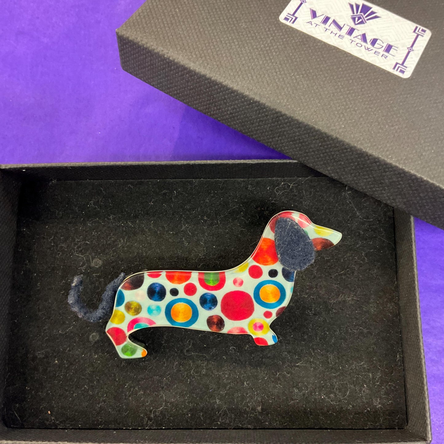Vintage Art Deco Style Statement Dotty Dashund Brooch, multicoloured ditsy celluloid - Sustainable Fashion Gift