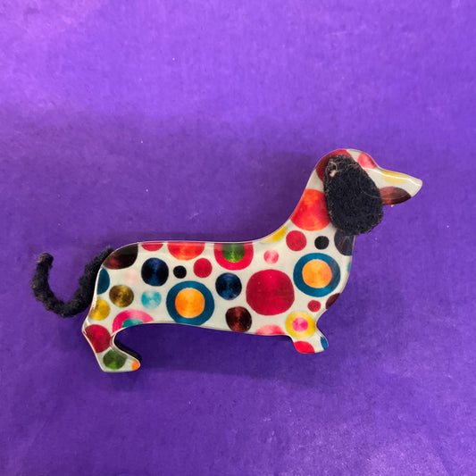 Vintage Art Deco Style Statement Dotty Dashund Brooch, multicoloured ditsy celluloid - Sustainable Fashion Gift