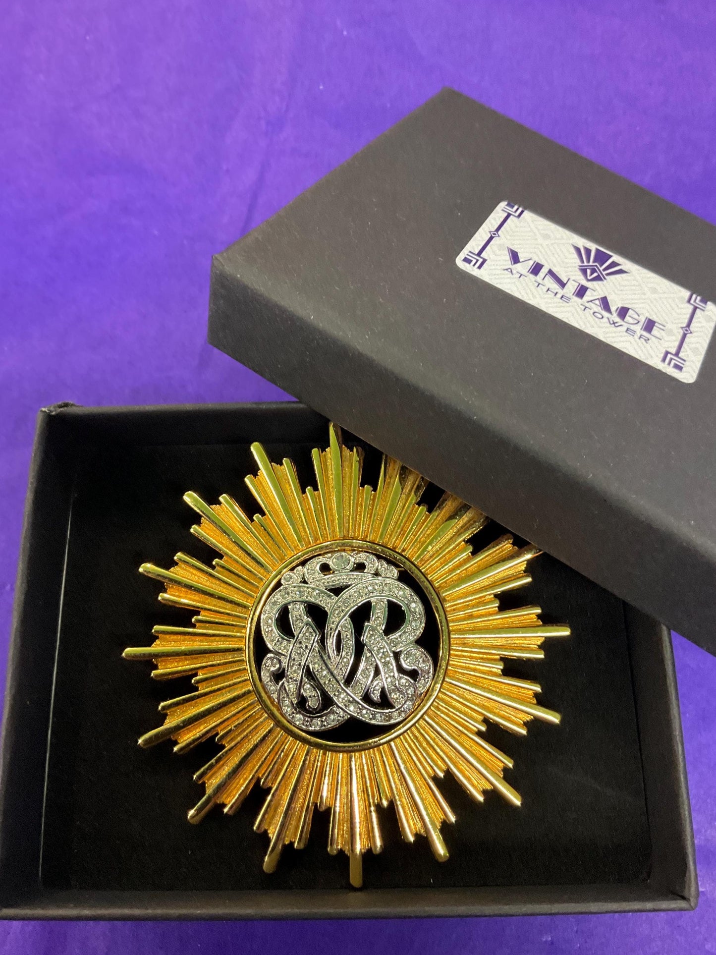 Vintage MONET ‘Burst’ Statement Crystal Brooch, Gold Tone Sunburst Design with Rhinestone Crystal Insignia - Sustainable Gift and Fashion