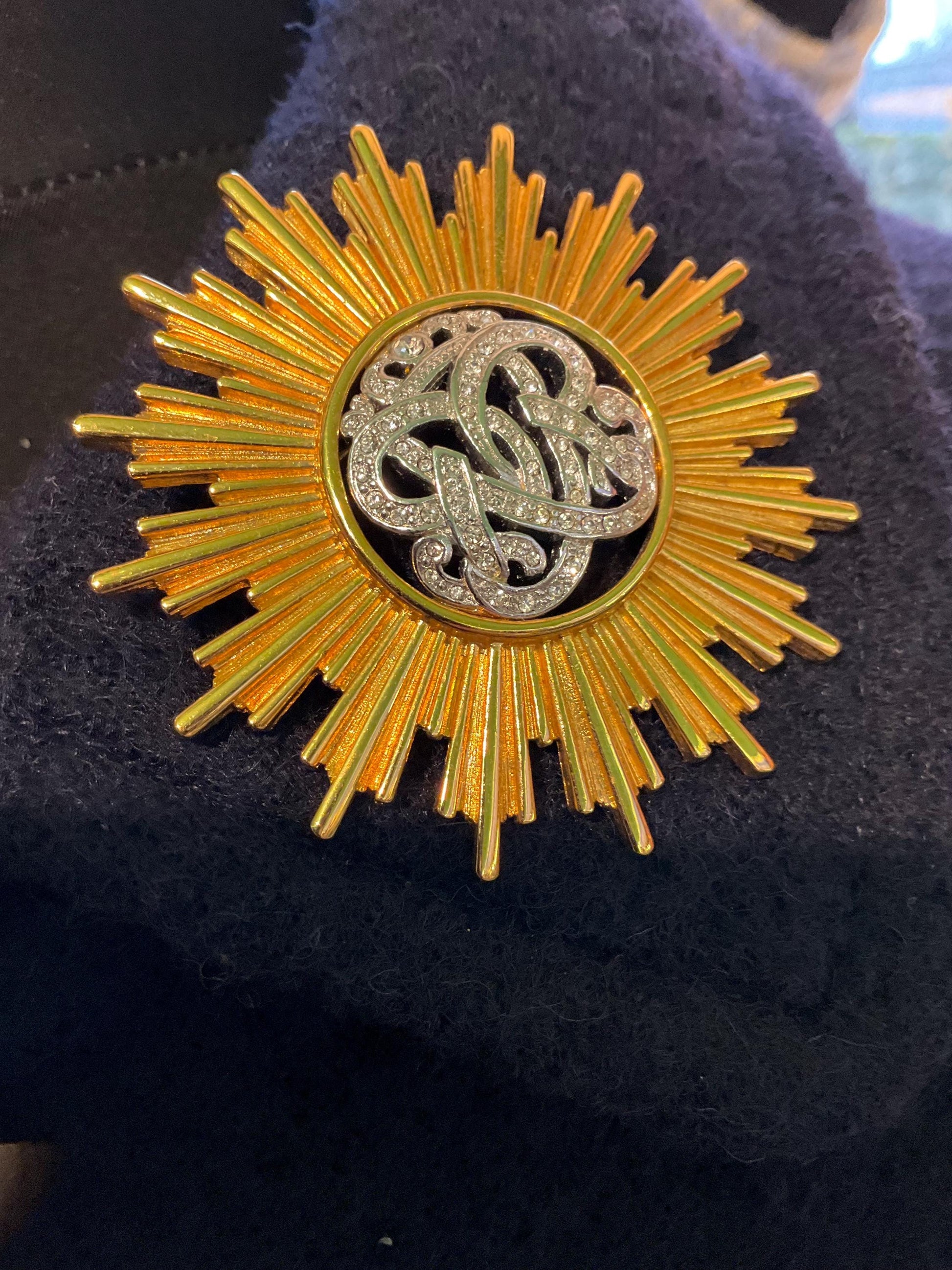 Vintage MONET ‘Burst’ Statement Crystal Brooch, Gold Tone Sunburst Design with Rhinestone Crystal Insignia - Sustainable Gift and Fashion