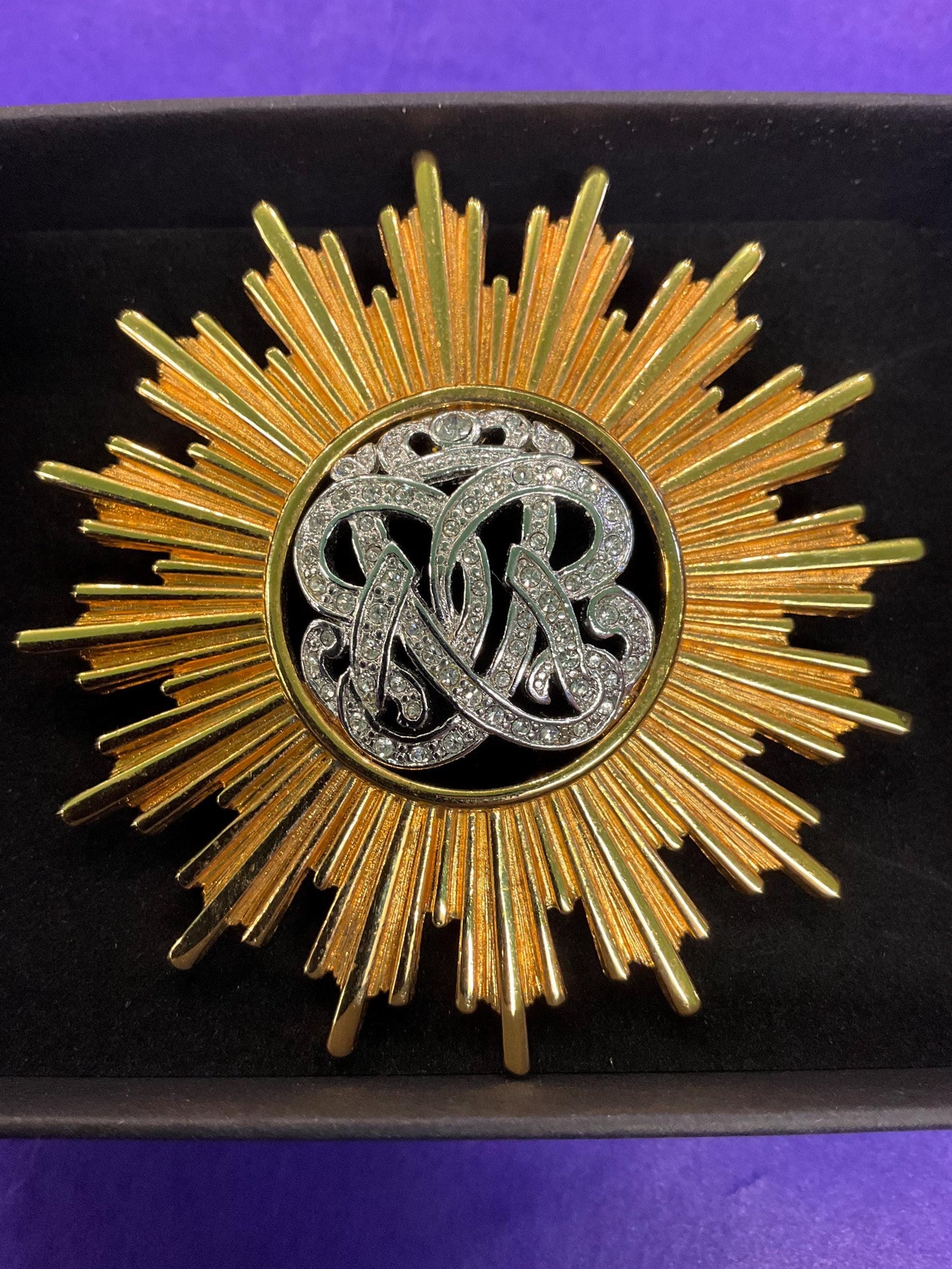 Vintage MONET ‘Burst’ Statement Crystal Brooch, Gold Tone Sunburst Design with Rhinestone Crystal Insignia - Sustainable Gift and Fashion