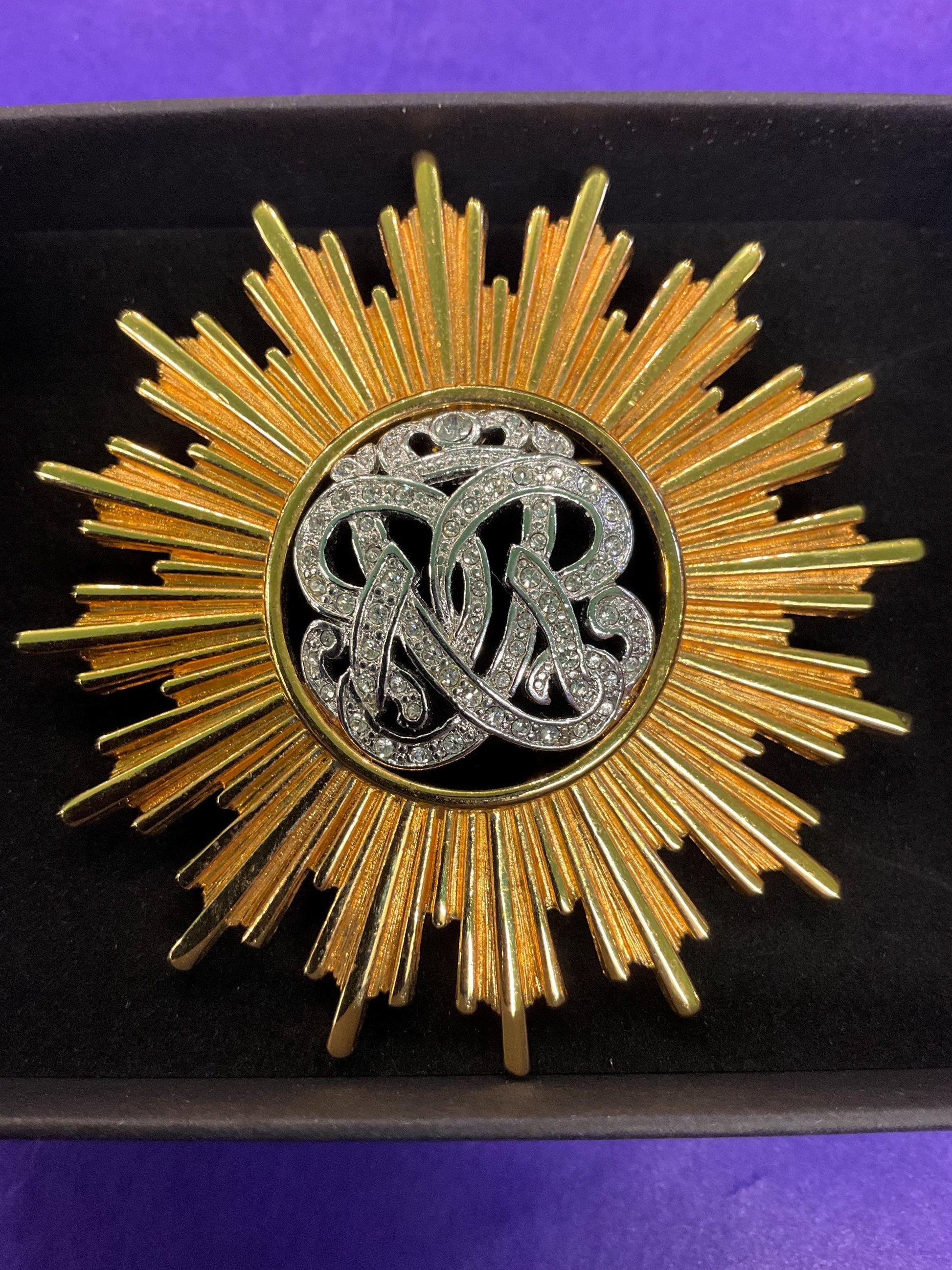Vintage MONET ‘Burst’ Statement Crystal Brooch, Gold Tone Sunburst Design with Rhinestone Crystal Insignia - Sustainable Gift and Fashion