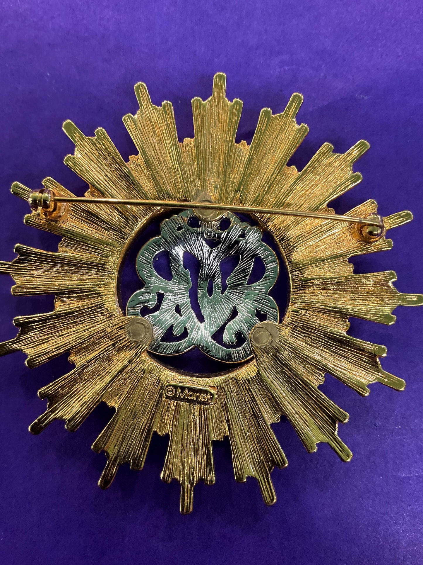 Vintage MONET ‘Burst’ Statement Crystal Brooch, Gold Tone Sunburst Design with Rhinestone Crystal Insignia - Sustainable Gift and Fashion