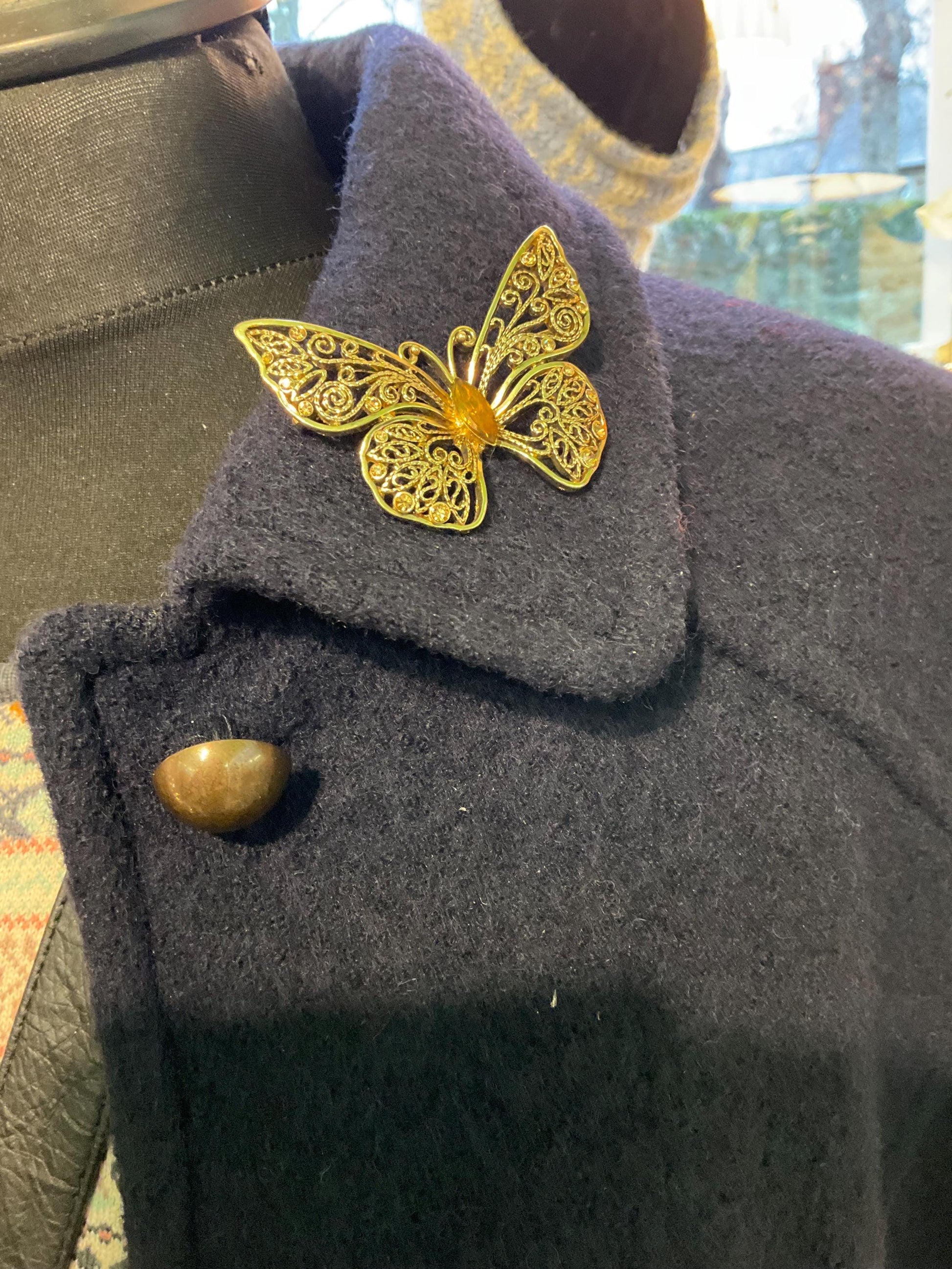 Vintage MONET 1980s Gold Tone Filigree Butterflt with Amber Coloured Crystal - Sustainable Fashion Gift