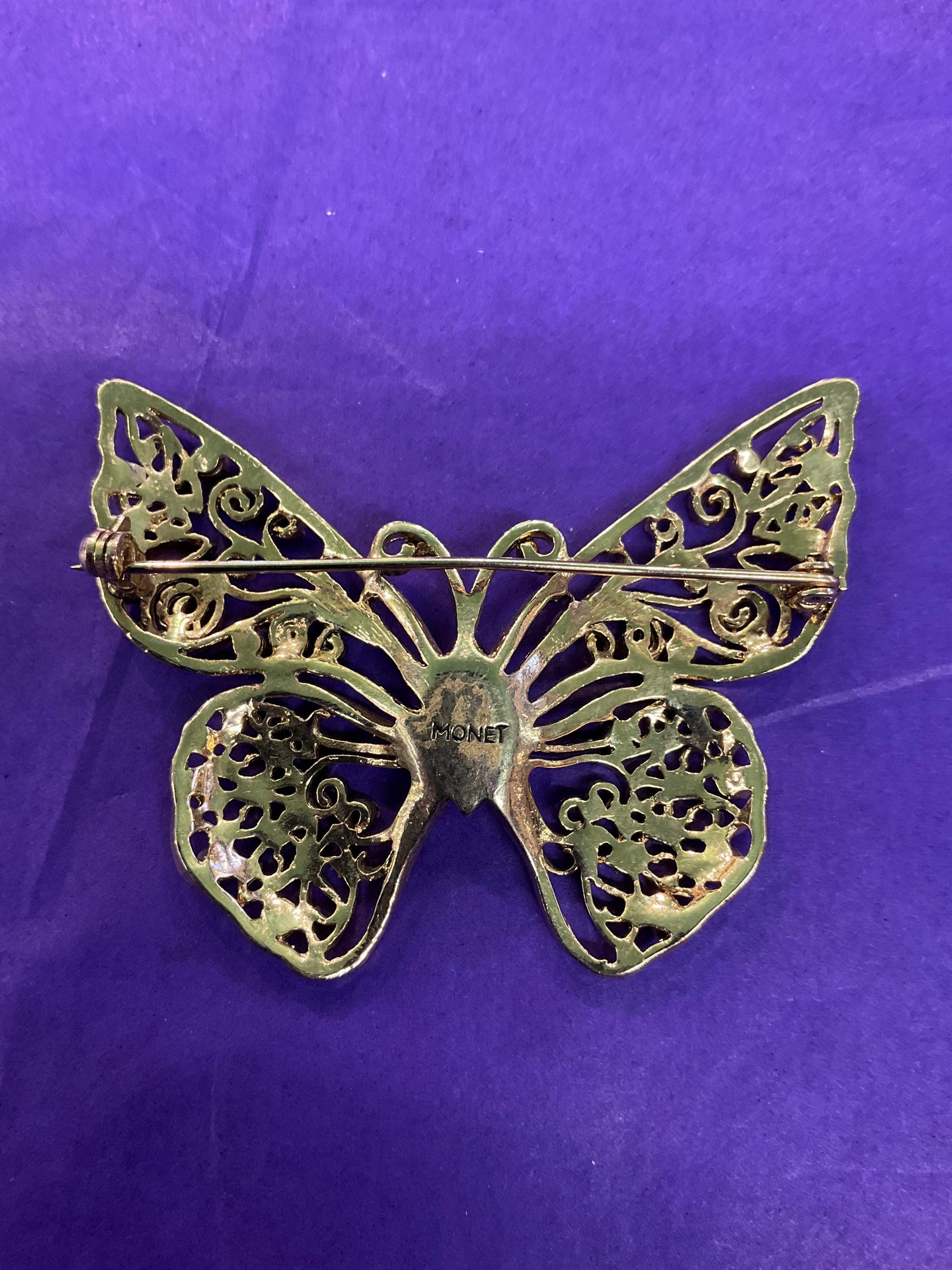 Vintage MONET 1980s Gold Tone Filigree Butterflt with Amber Coloured Crystal - Sustainable Fashion Gift