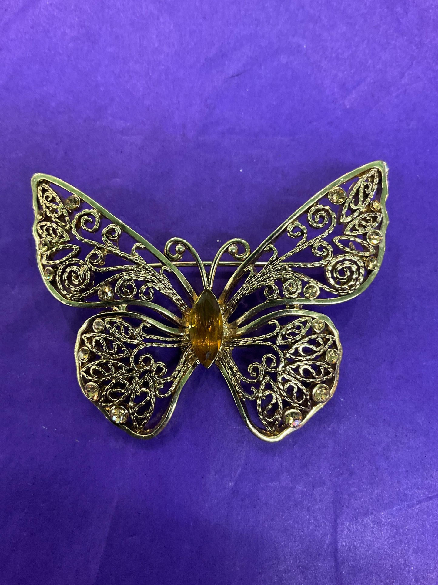 Vintage MONET 1980s Gold Tone Filigree Butterflt with Amber Coloured Crystal - Sustainable Fashion Gift