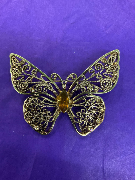Vintage MONET 1980s Gold Tone Filigree Butterflt with Amber Coloured Crystal - Sustainable Fashion Gift