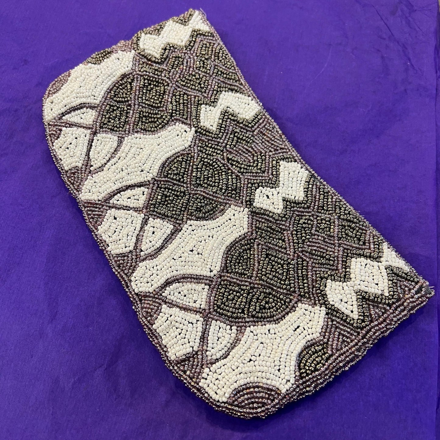 Vintage Beaded Clutch Bag by LUNA LLENA with ivory, mauve and old gold seed beads - Sustainable Fashion and Gifts