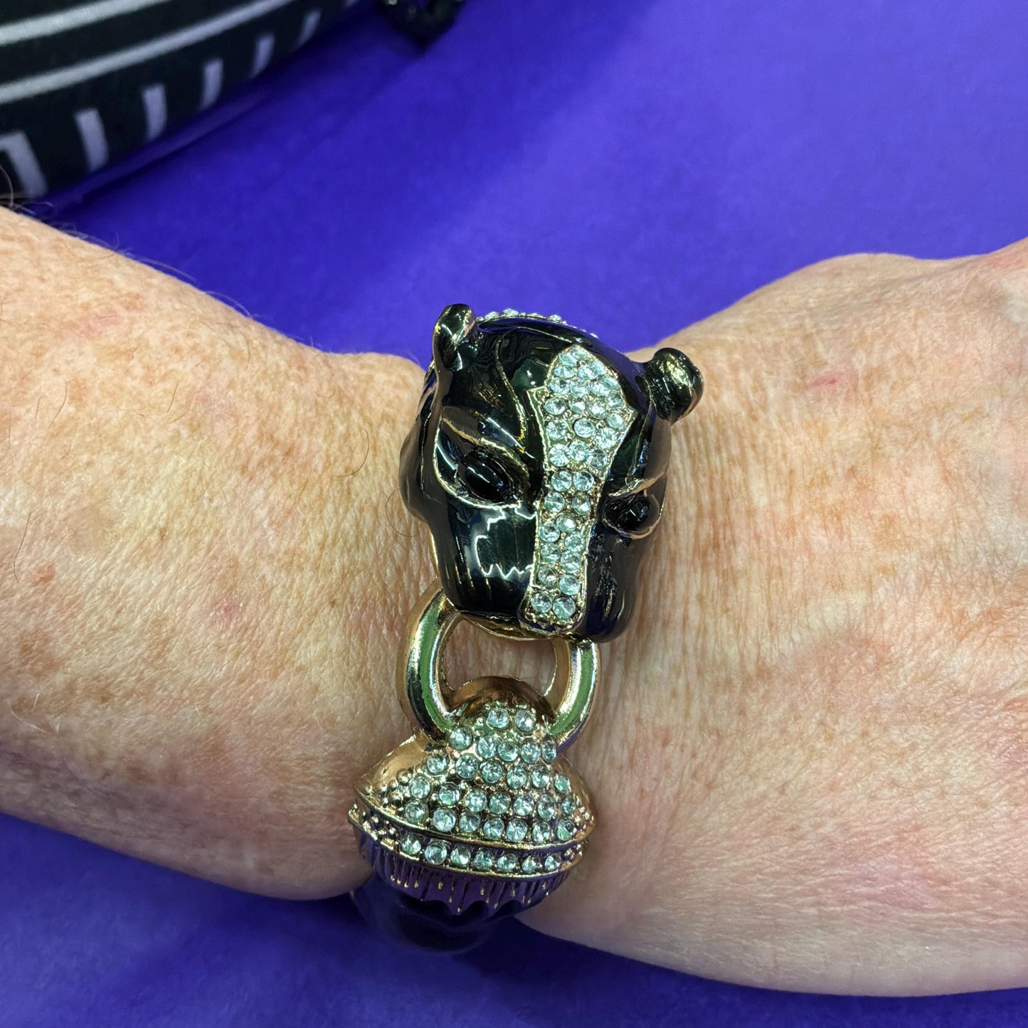 Vintage 1980s Statement Crystal Big Cat Panther Bangle, Gold Tone with Black Enamel and SIlver Rhinestones