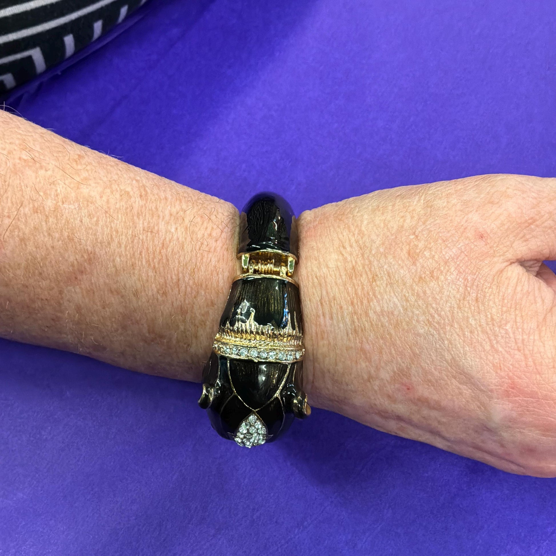 Vintage 1980s Statement Crystal Big Cat Panther Bangle, Gold Tone with Black Enamel and SIlver Rhinestones