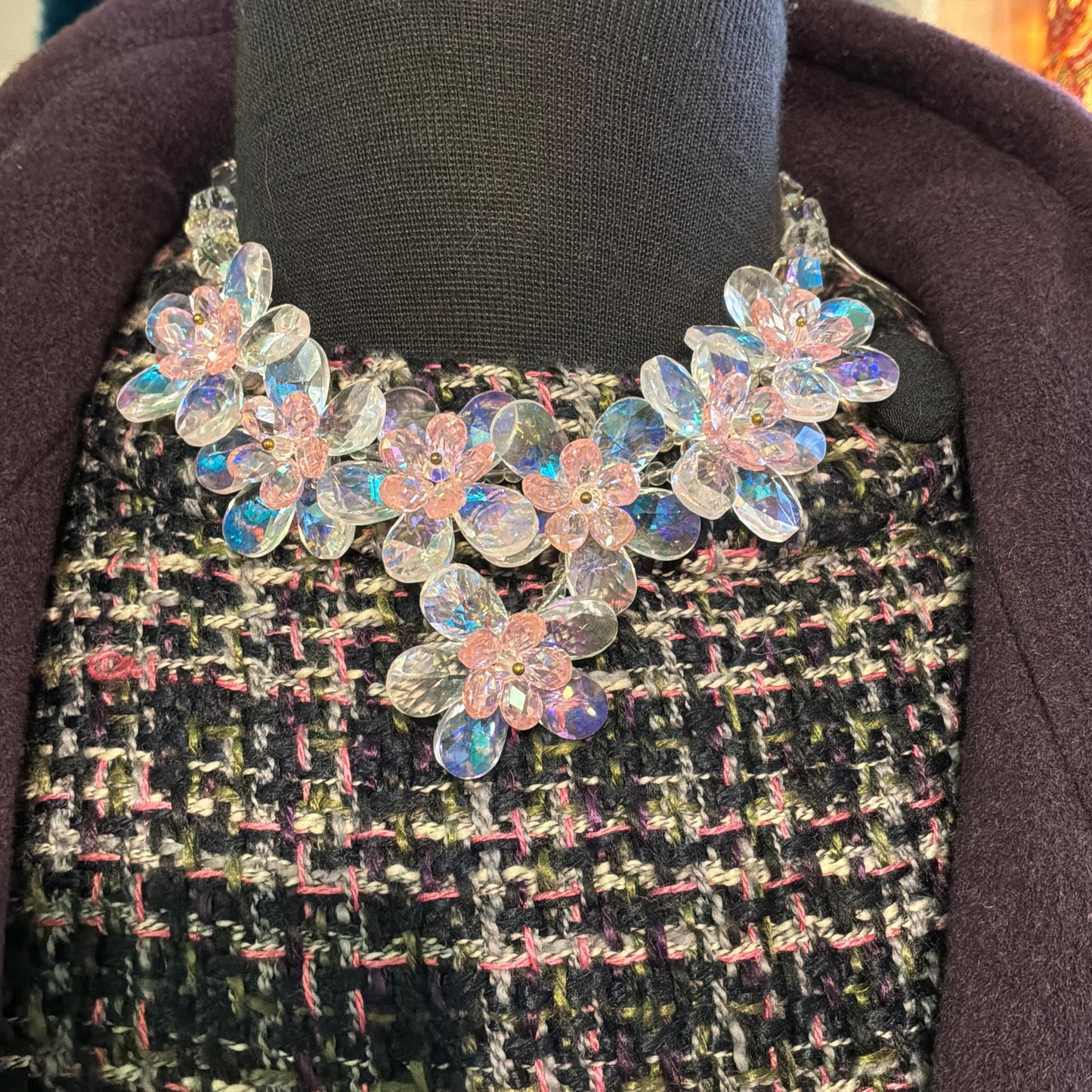 Vintage Butler and Wilson Pale Pink Flower Garland Crystal Necklace, Sparkling Borealis Crystal Beads