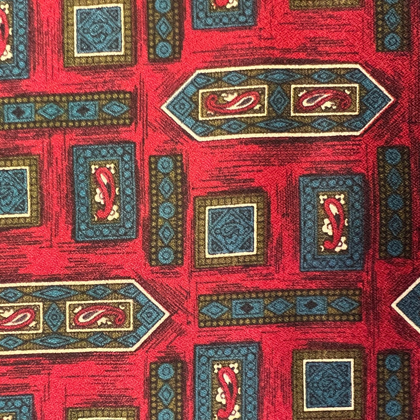 Vintage 1960s Gents Tricel Geometric Paisley Double Sided Fringed Scarf - Sustainable Fashion and Gift