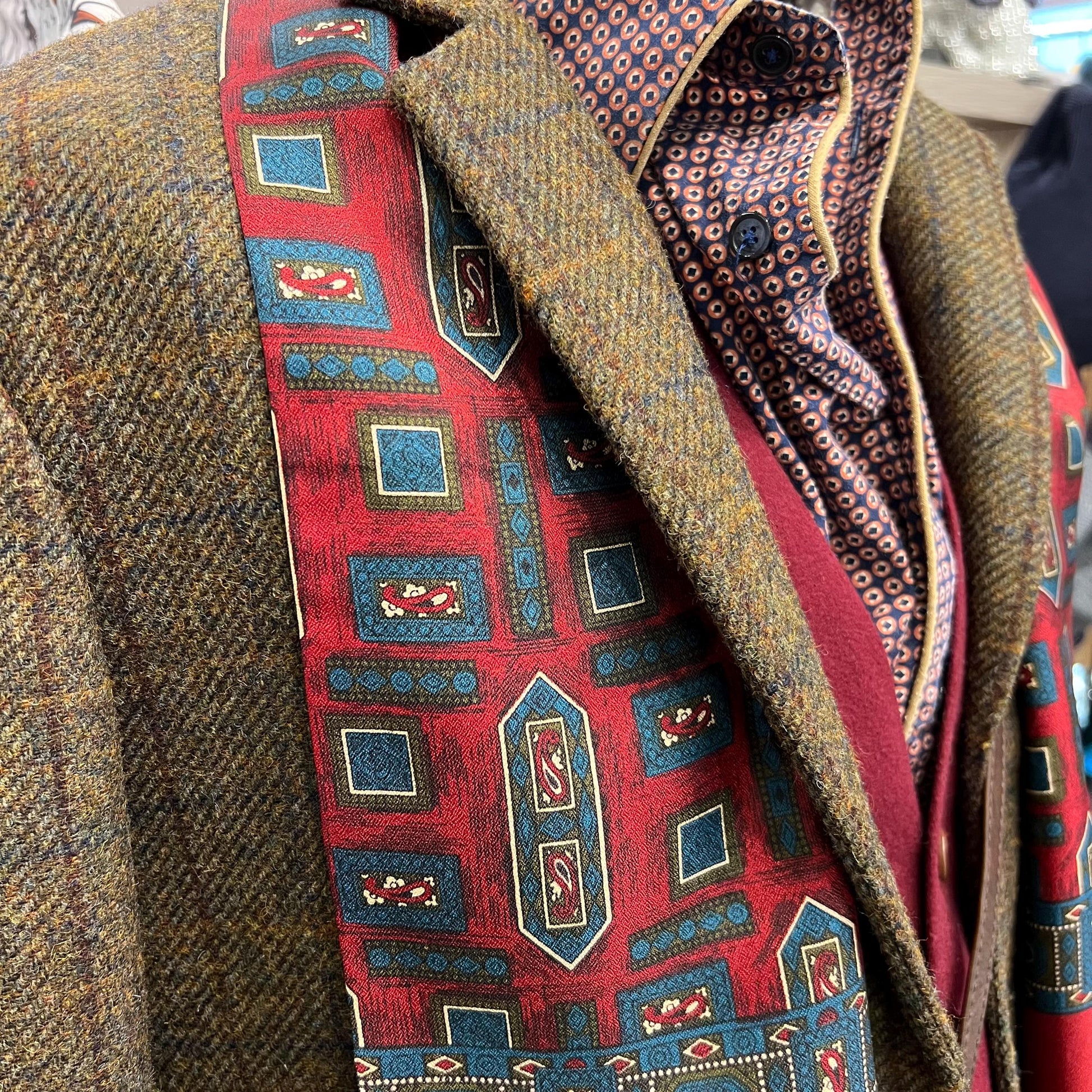 Vintage 1960s Gents Tricel Geometric Paisley Double Sided Fringed Scarf - Sustainable Fashion and Gift