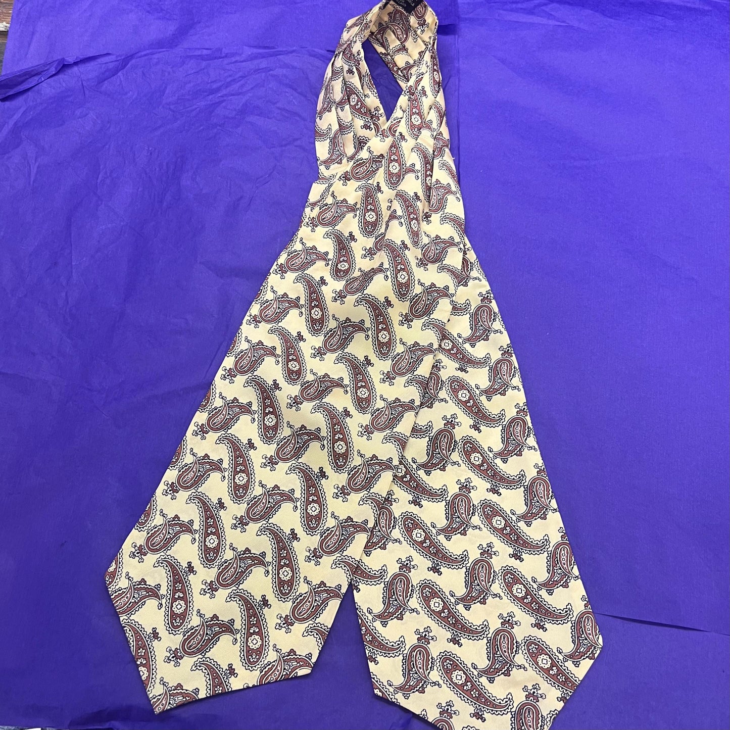 Vintage 1960s SAMMY Rayon Paisley Cravat, Brown and Black onto Pale Gold background - Sustainable Fashion and Gift