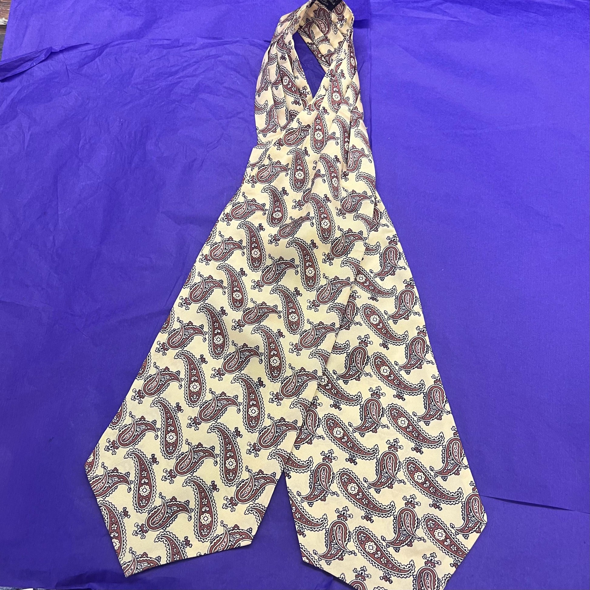 Vintage 1960s SAMMY Rayon Paisley Cravat, Brown and Black onto Pale Gold background - Sustainable Fashion and Gift