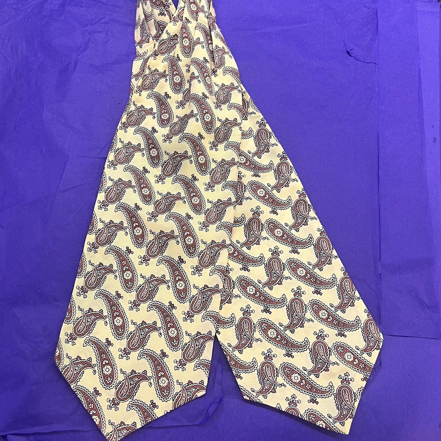 Vintage 1960s SAMMY Rayon Paisley Cravat, Brown and Black onto Pale Gold background - Sustainable Fashion and Gift