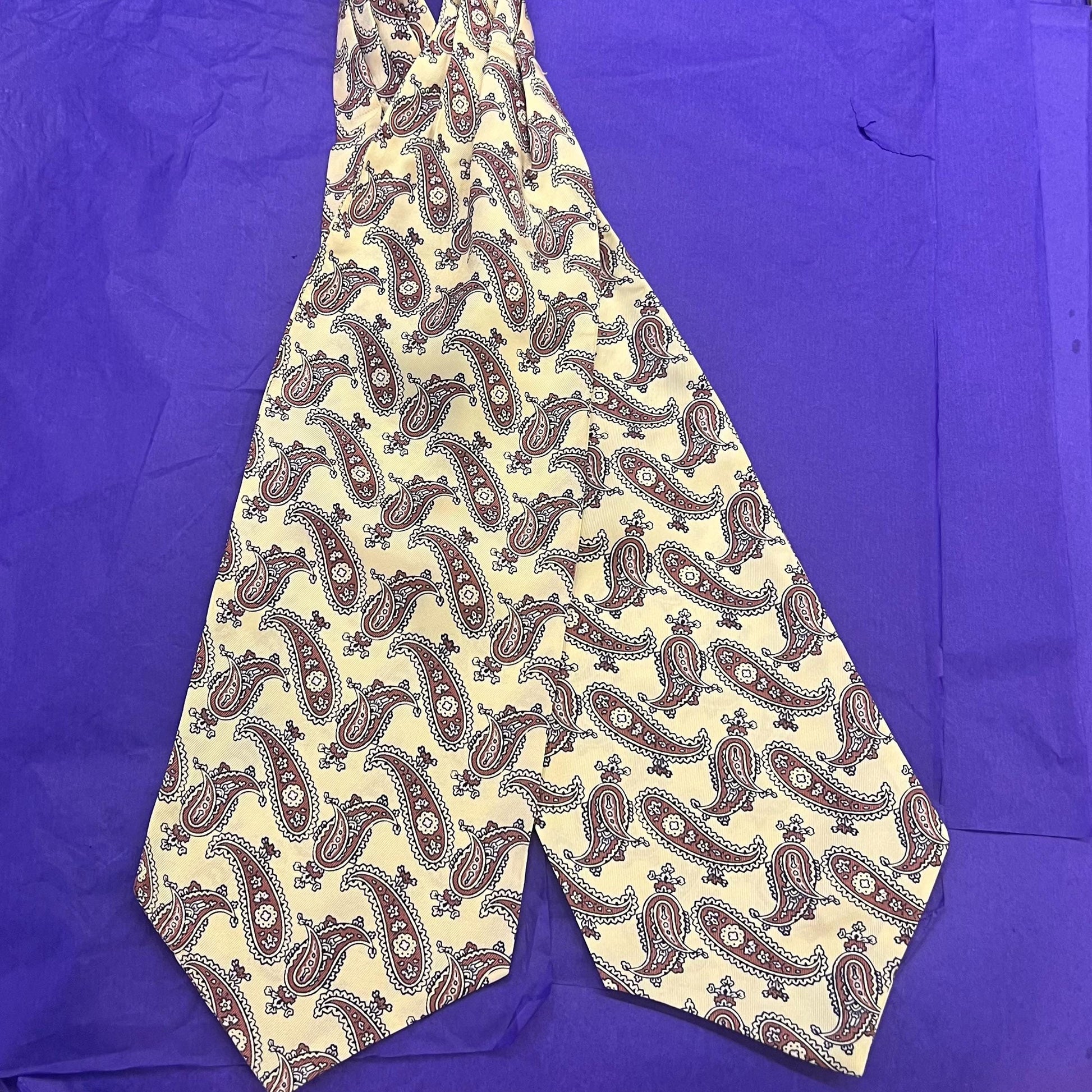 Vintage 1960s SAMMY Rayon Paisley Cravat, Brown and Black onto Pale Gold background - Sustainable Fashion and Gift