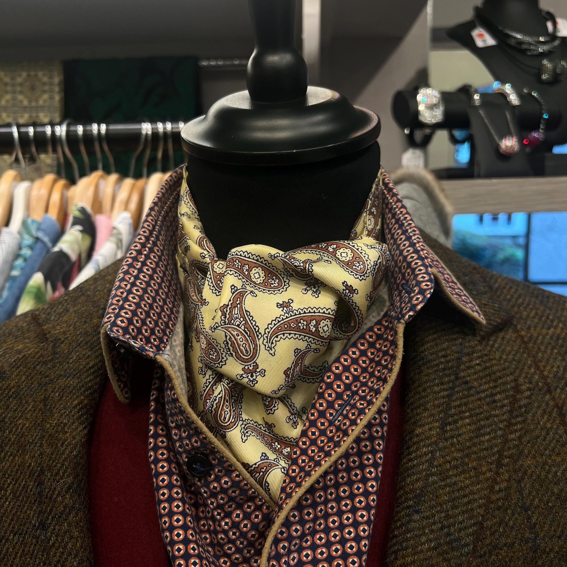 Vintage 1960s SAMMY Rayon Paisley Cravat, Brown and Black onto Pale Gold background - Sustainable Fashion and Gift