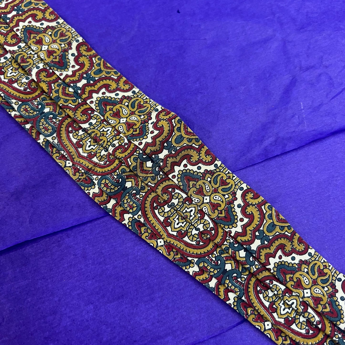 Vintage 1960/70s Gents Cotton Paisley Cravat in Gold, Maroon, and Blue on White Background - Sustainable Fashion and Gift