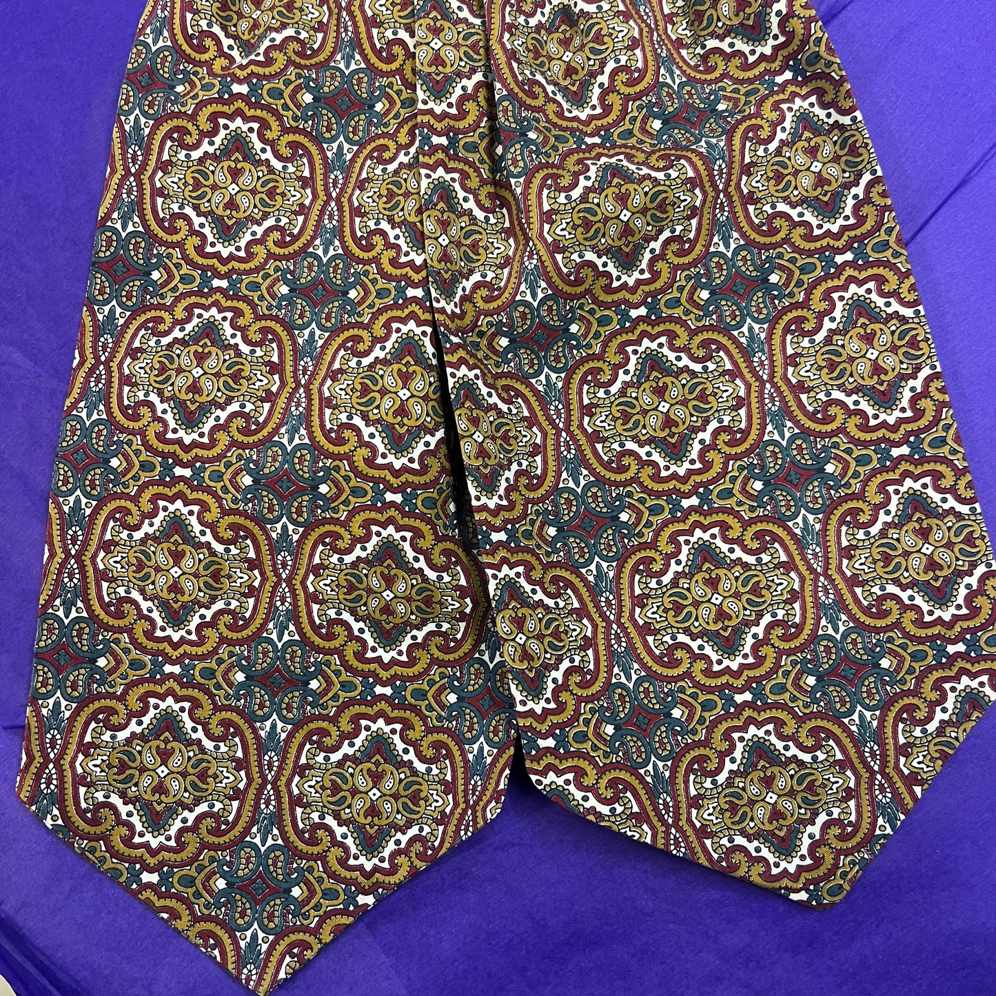 Vintage 1960/70s Gents Cotton Paisley Cravat in Gold, Maroon, and Blue on White Background - Sustainable Fashion and Gift