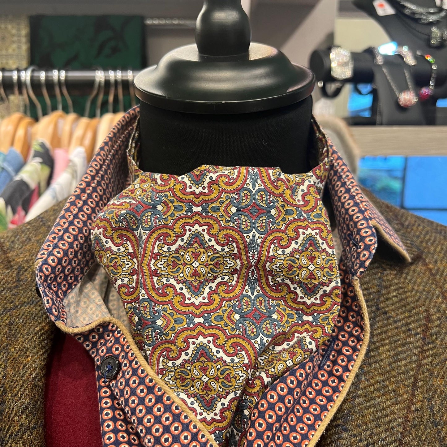 Vintage 1960/70s Gents Cotton Paisley Cravat in Gold, Maroon, and Blue on White Background - Sustainable Fashion and Gift
