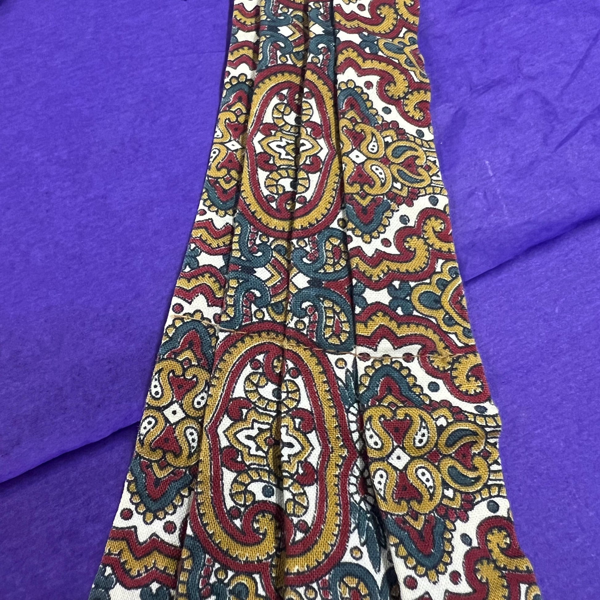 Vintage 1960/70s Gents Cotton Paisley Cravat in Gold, Maroon, and Blue on White Background - Sustainable Fashion and Gift