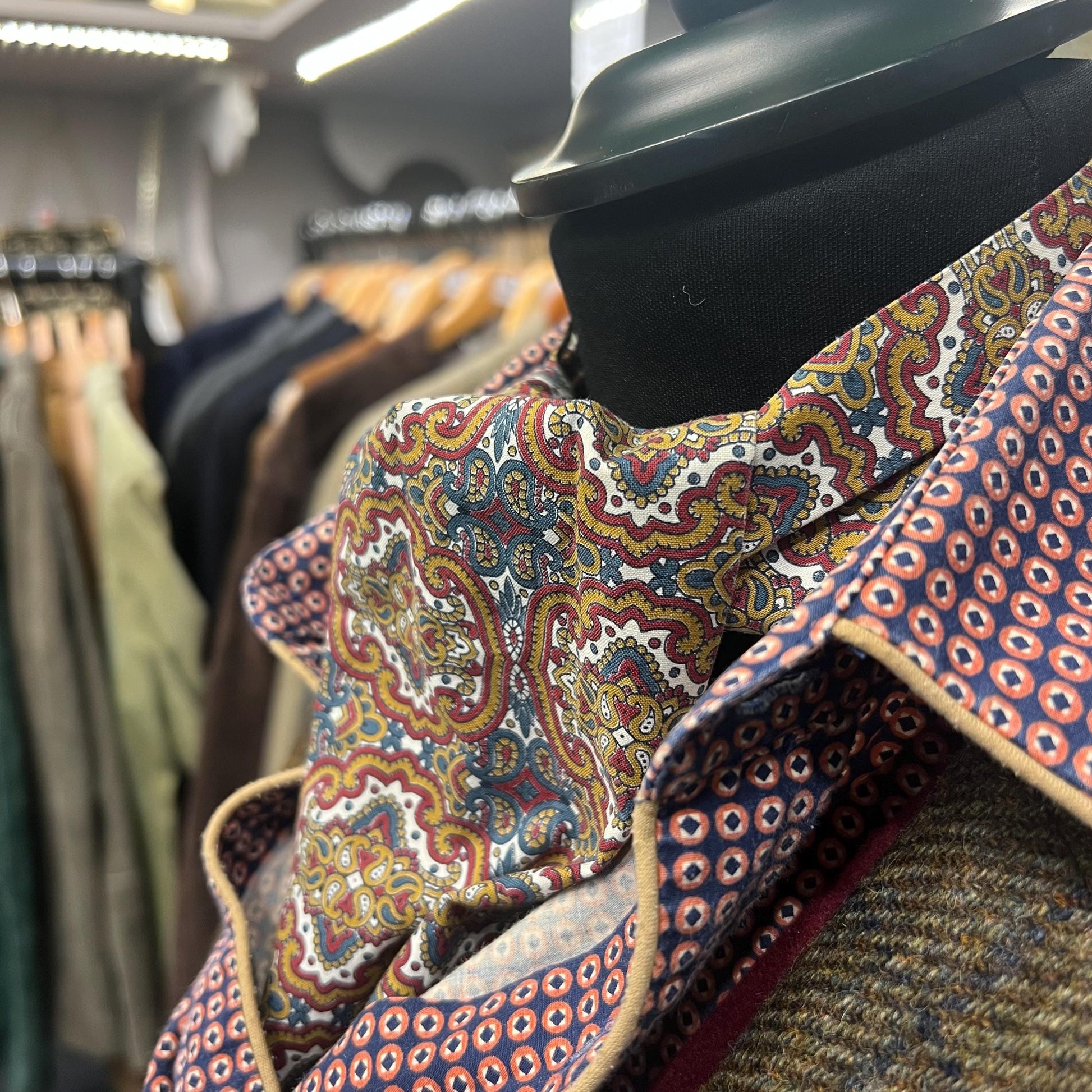 Vintage 1960/70s Gents Cotton Paisley Cravat in Gold, Maroon, and Blue on White Background - Sustainable Fashion and Gift
